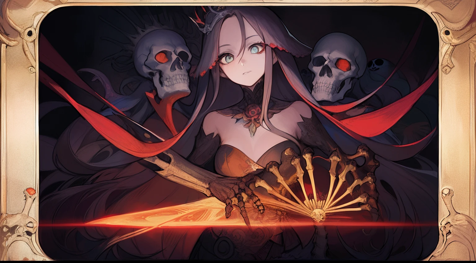 A man in armor grabs a gorgeous red cape with his hand（white fluff，Red arm guards，gem studded）Beautiful woman with black hair with feathers on her head（The woman is the back），