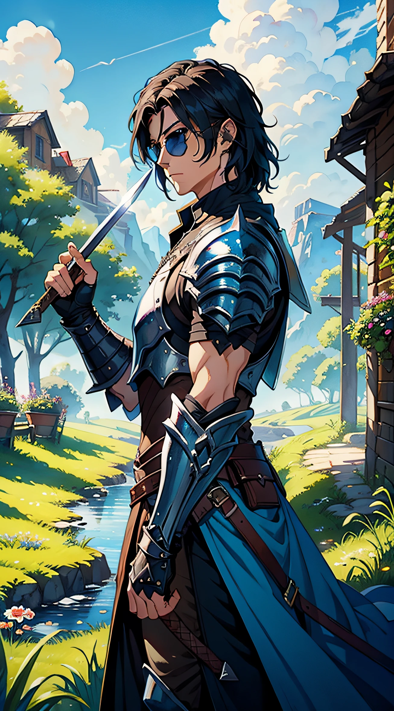 Swordman , fantasy armor, sunglass, farms, watercolors paint, vivid colors