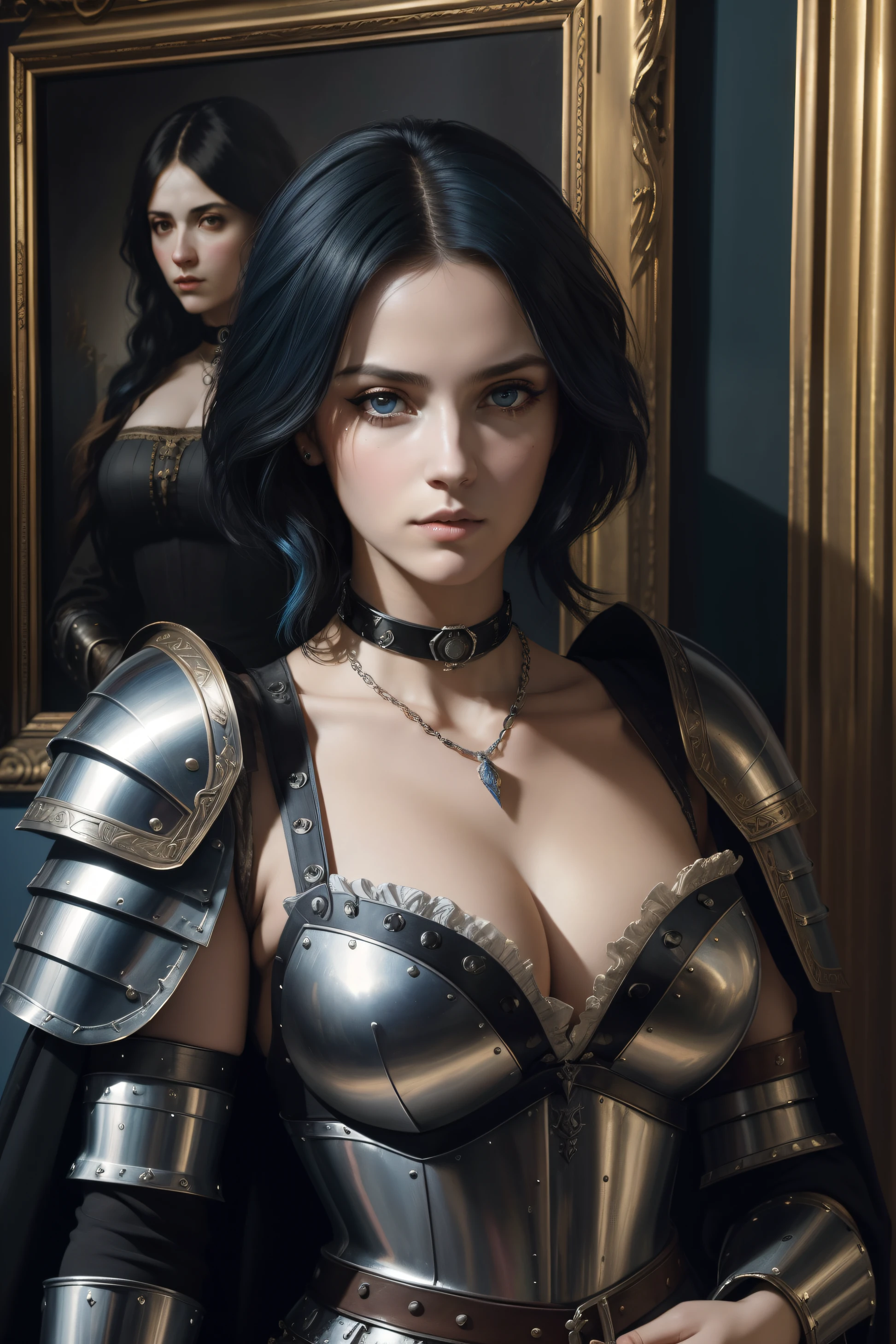(metal armor), (full plate armor), (chain mail), (mercenary woman), 1 women, solo, single women, (oil painted), oil painting, professional majestic oil painting, realistic, (Renaissance), lady warrior, medieval beauty, ((warrior woman)), adult, mature, ((Looking Forward Face)), (Big Bust), (huge bust), (((eye-liner))), dark eyes, collar, ((choker)), (Blue Hair), ((undercut Hair)), ((punk hair)), ((Emo hair)), ((metal hair)), (feminine features), beautiful face, alluring face, perfect eyes, (Full-length portrait), full-body, (Pre Raphaelite Painting), Leonardo da Vinci, Raphael, Hans Memling, Gregory Crewdson, Jeremy Mann, Greg Manchess, Antonio Moro, William-Adolphe Bouguereau, Peter Paul Rubens, (historical), feudal, italy, italy City-states, Europe, Mediterranean, (chiaroscuro), light and dark, Baroque aesthetics, renaissance art style