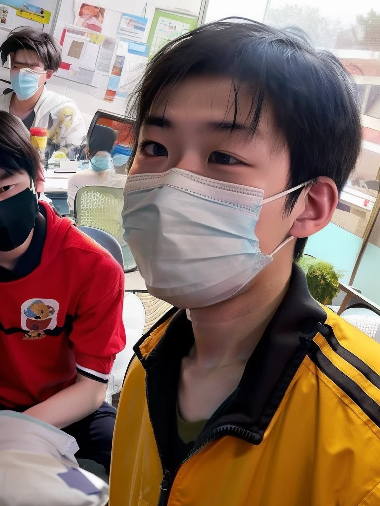 Boy wearing a mask sits in a chair with another boy, wearing face mask, wearing face mask, surgical mask covering mouth, Wearing a mask, Student, some of them use gask mask, Wearing an all-black door wave mask, haze over the shoulder shot, kid, ren heng, full-face, wearing bandit mask, boy with neutral face, Narrow Nose