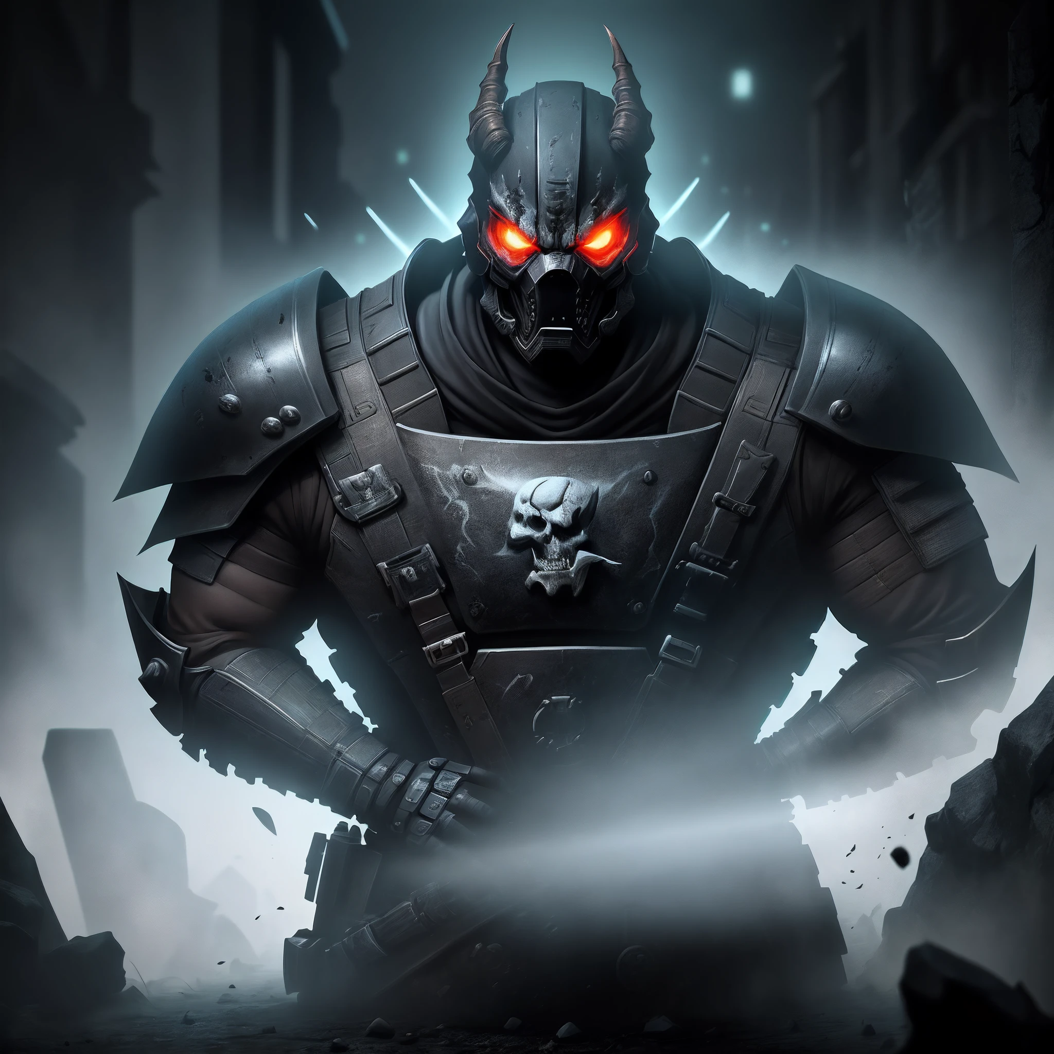 Rookie Cybertron, Cyber ninja mask, Cyberpunk details, Heavy armor, Dark magic, Necromancy magic, Full body portrait, Mortal Kombat fighter, Ultra photo realsisim, More detailed background, 8K, Ghost World, tactical armor, Black and blue, Tar fluid texture, black goo, Unforgettable mood, Creepy lighting, Dark, skulls, Diablo game aesthetics