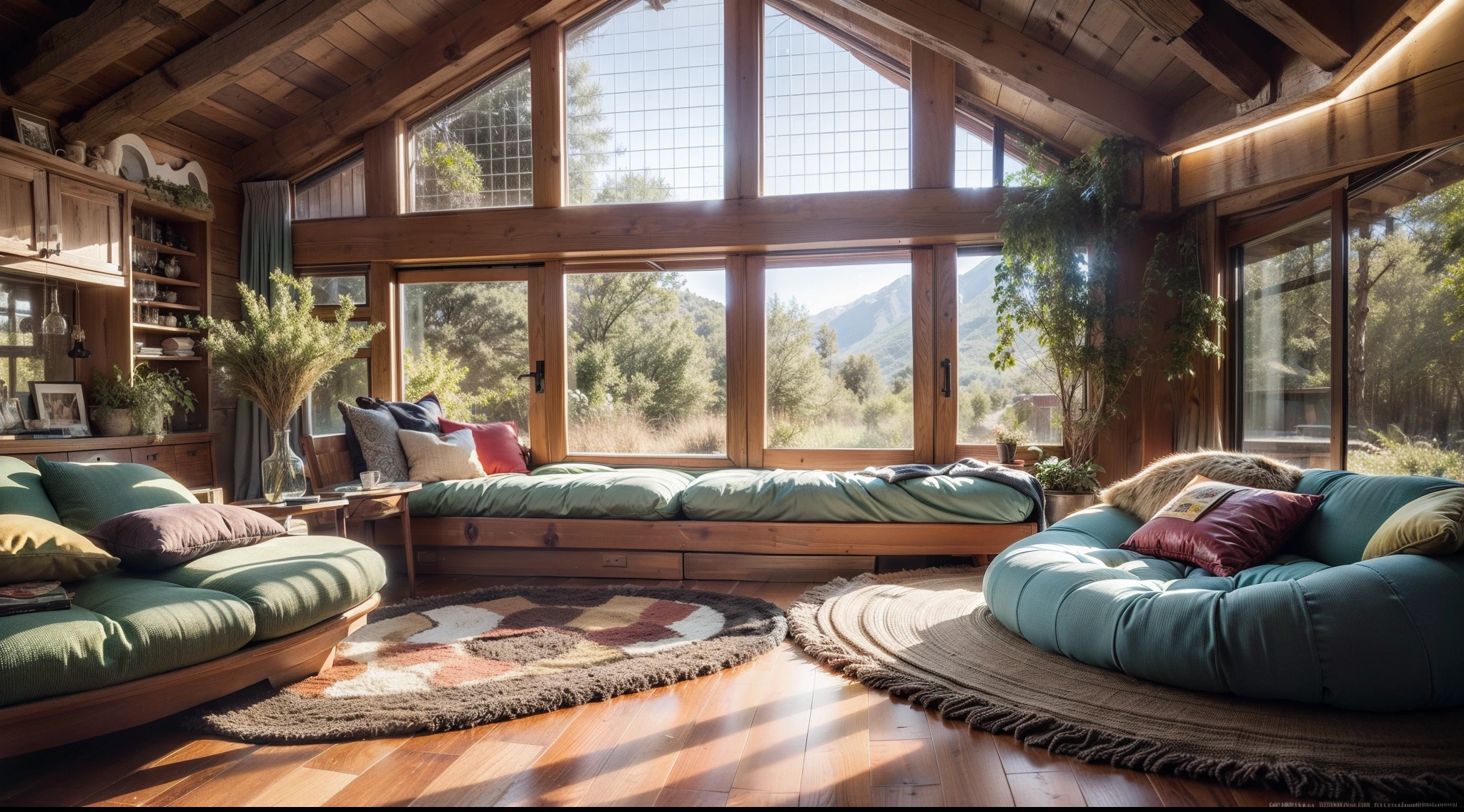 Living room of a mysterious house in the middle of a meadow in space、The large windows beautifully reflect the outer space scenery。Comfortable cushions are laid by the windows.、Furniture is made of natural materials such as wood and rock.、Its unique shape and texture create a mysterious space.。The walls are decorated with plants of colors and shapes that do not exist in the earth、It makes you feel the charm of space。highly detailed surroundings, photorrealistic concept art, hyper-realistic environment