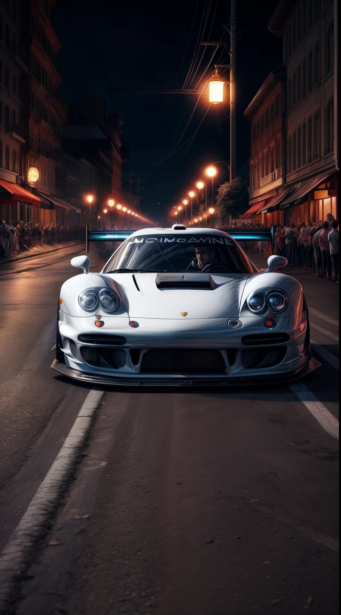 1 arafed wide body white 1997 Porsche GT1 racing on a city street at night, back view, back of car view glowing ember tailights, aggressive back end, no emblems, , hq 4k phone wallpaper, hq 4k wallpaper, 8k stunning artwork, wallpaper 4k, wallpaper 4 k, 4 k render, 4k render, cinematic 4k wallpaper, cinematic 4 k wallpaper, cinematic front shot, wallpaper mobile, extreme render, 8k render, 8 k render, shallow depth of field, micro-details, photorealism, photorealistic, motion blur,