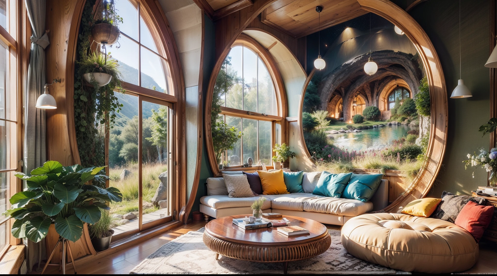 Living room of a mysterious house in the middle of a meadow in space、The large windows beautifully reflect the outer space scenery。Comfortable cushions are laid by the windows.、Furniture is made of natural materials such as wood and rock.、Its unique shape and texture create a mysterious space.。The walls are decorated with plants of colors and shapes that do not exist in the earth、It makes you feel the charm of space。highly detailed surroundings, photorrealistic concept art, hyper-realistic environment