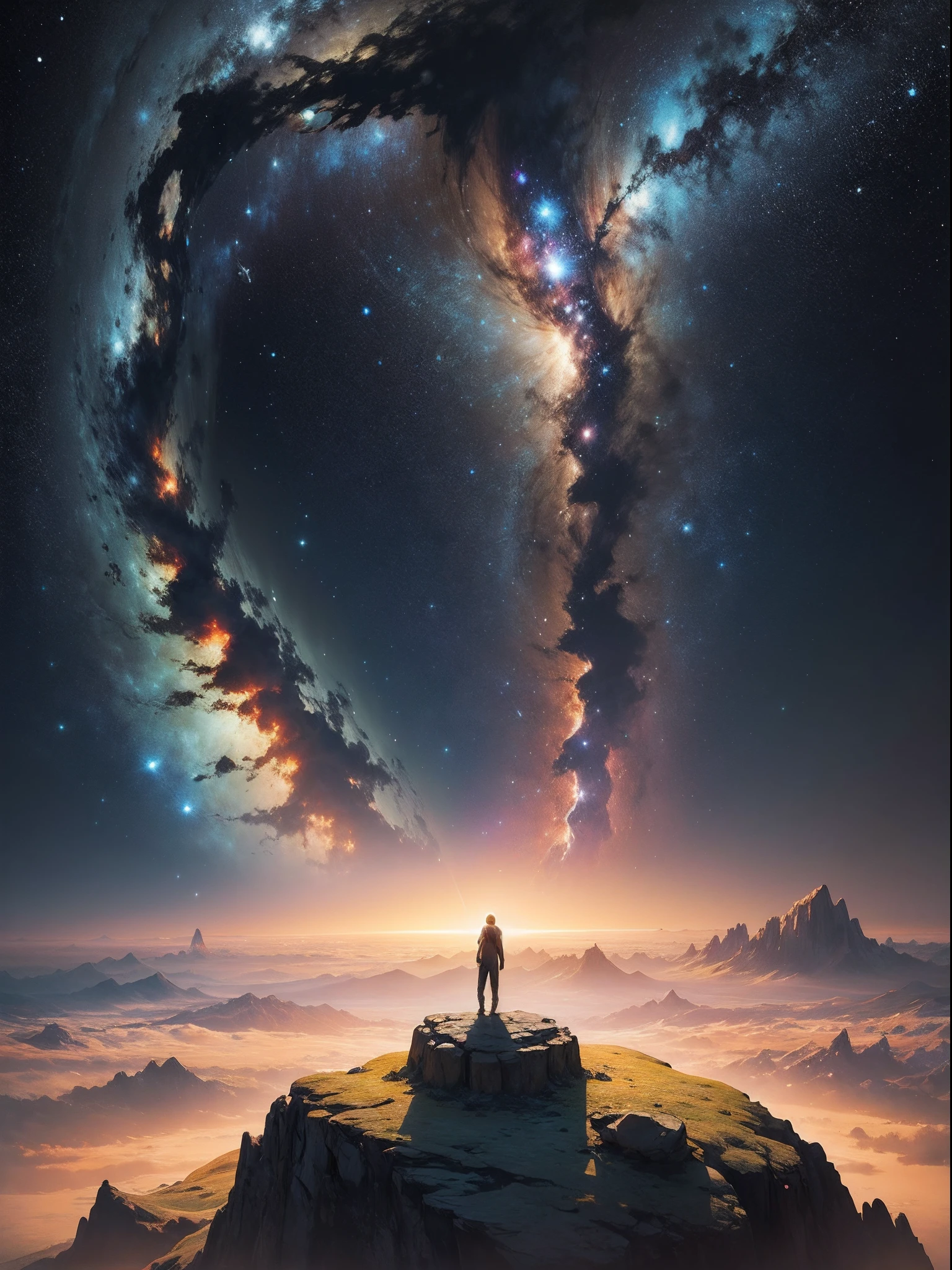 "Interstellar, breathtaking milky way view with a planet adorned by a majestic ring, awe-inspiring cosmic landscape, (masterpiece: 1.3), (vibrant: 1.3), award-winning beauty"