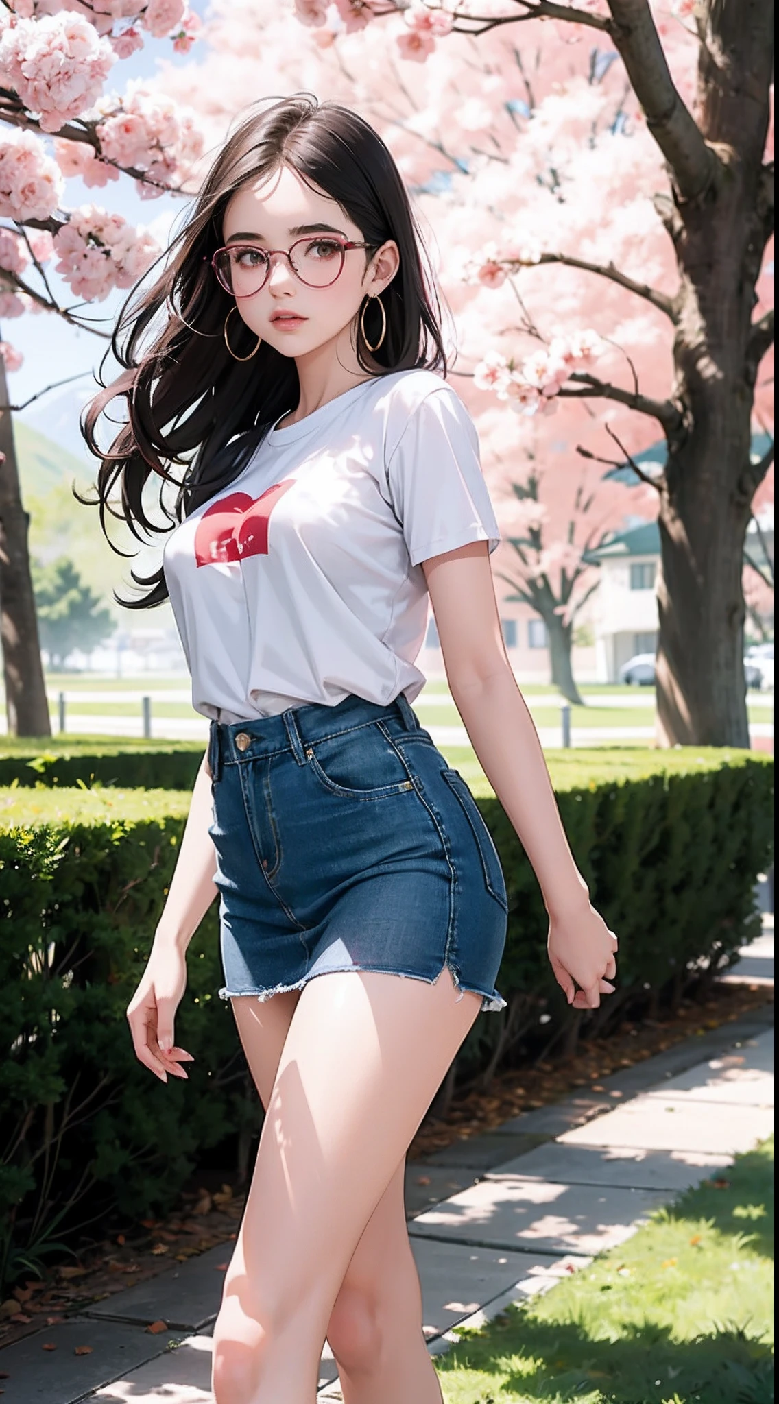 Young beauty Margaret Qualley, killer girl, 14 years old, very white skin tone, prescription glasses, large earrings, t-shirt, tight jean skirt, dark tights, midday sun, hyperrealistic, model body, small breasts, beautiful breasts, long hair, wavy hair, Red ends of hair, long legs, 8k, 超High resolution, best quality, On Frozen Mountain, RAW portrait, photorealistic, cherry blossom, ambient lighting, detailed shadows, camera focus on thighs, cute pose, strong wind, light haze