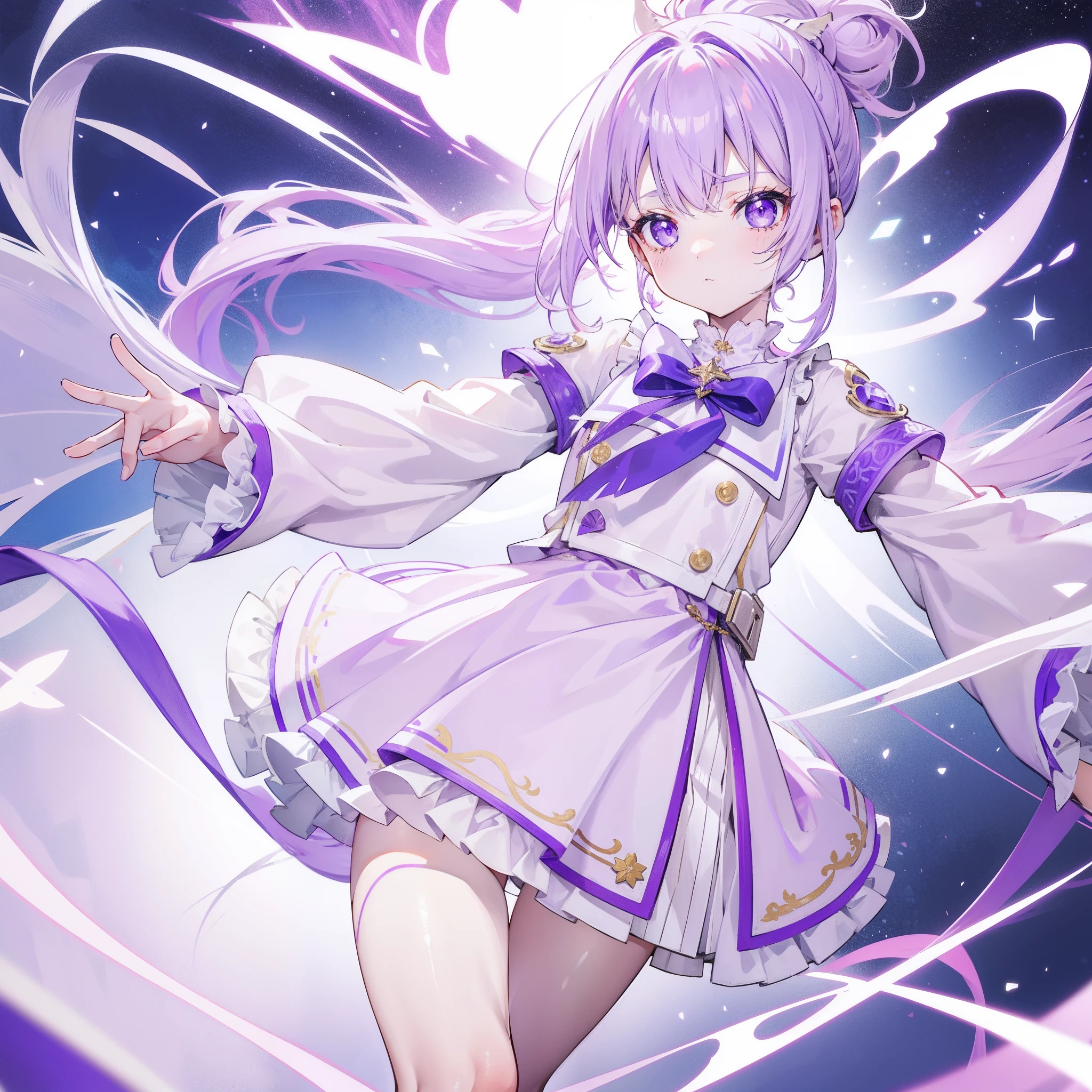 Lilac hair and ponytail,Milky white and bright light purple pupils and clothes,Petite figure,Very small, a sweet loli,It's a soft girl