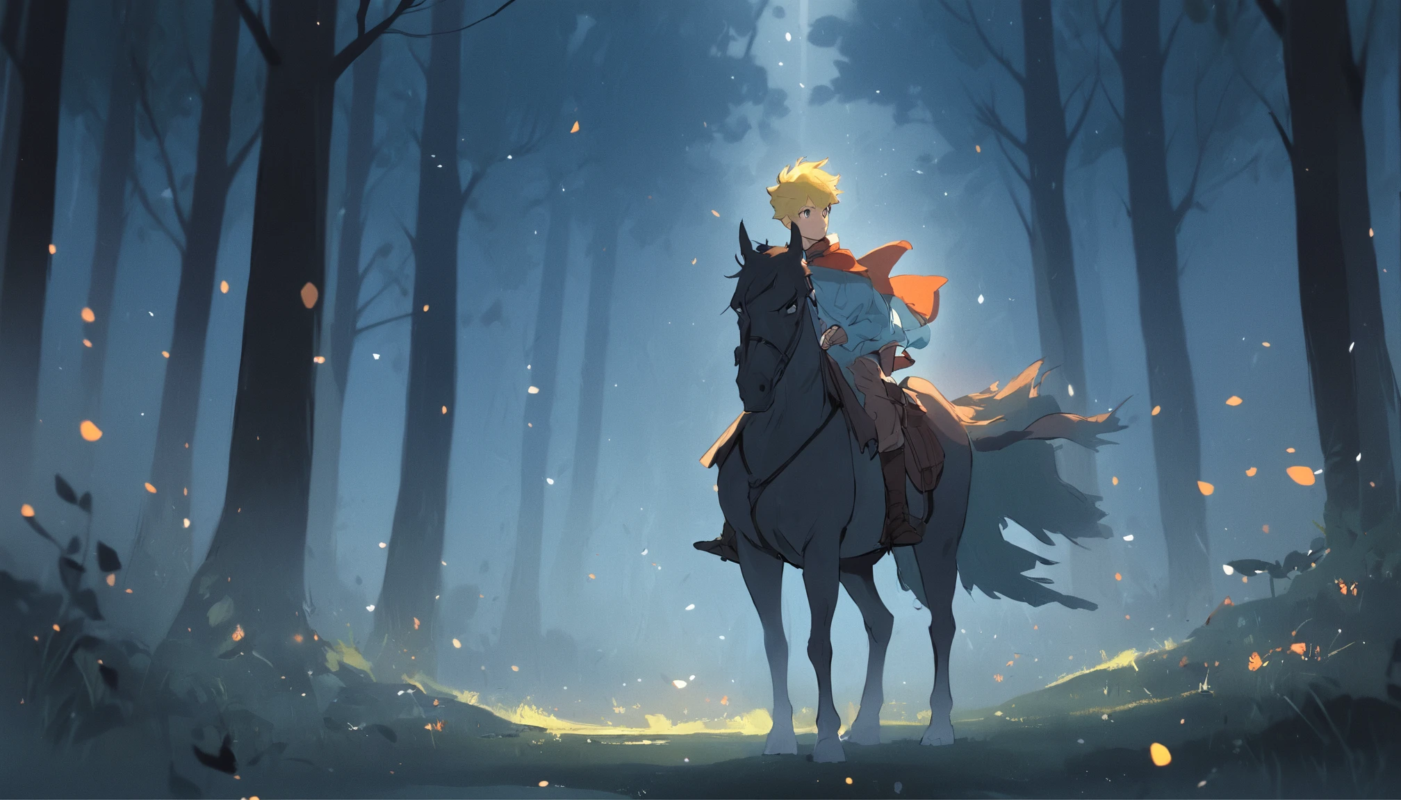 The  prince rides a horse，Face the dark mysterious forest。He looked determined，Get ready for adventure。The forest is surrounded by mysterious lights and misty trees。