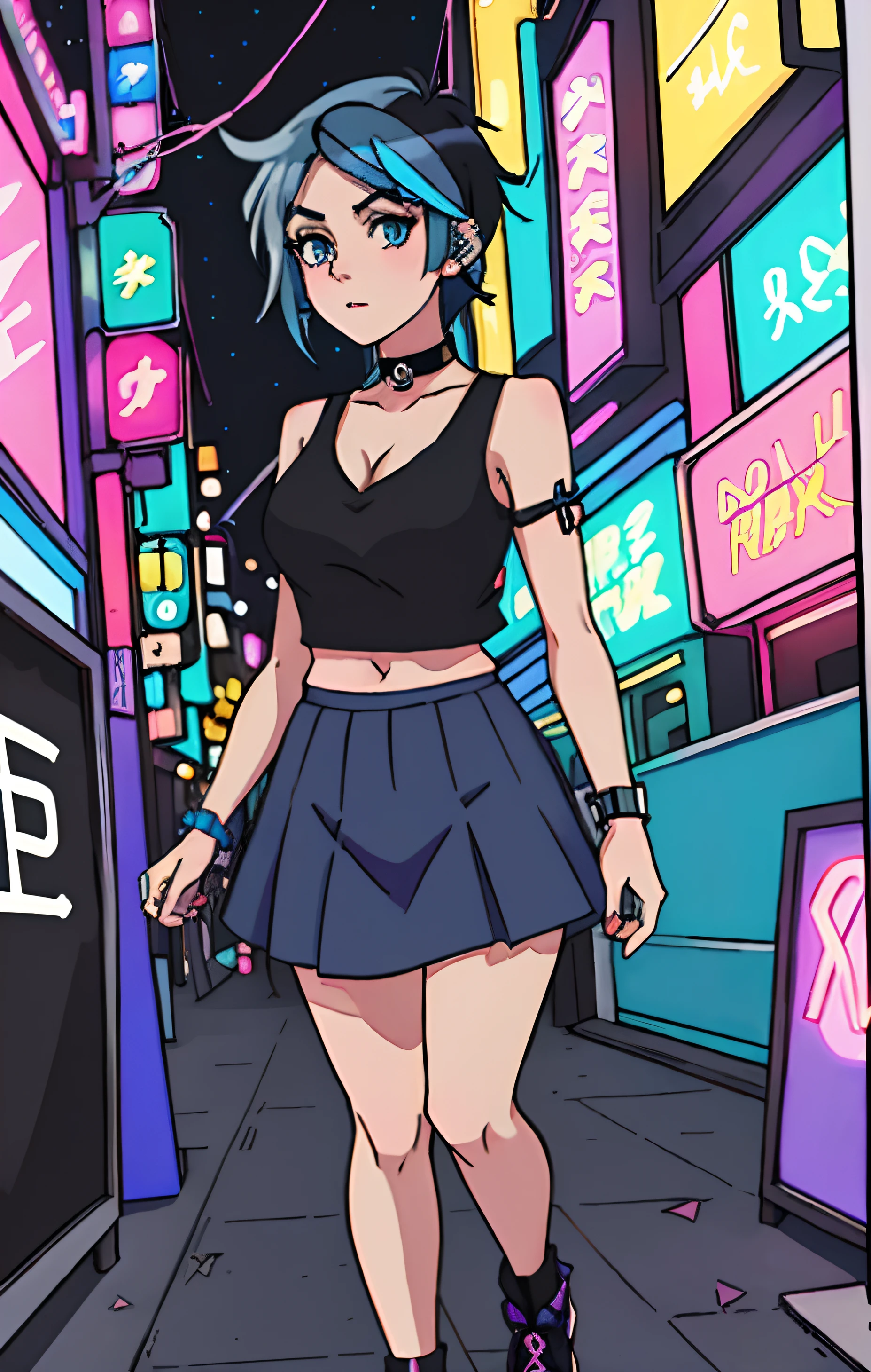 1girl, mature woman, ((full length shot)), masterpiece, professional Anime, standing, (blue hair), (large breasts), tall, long legs, portrait, anatomically correct, (full body), skin texture, anime eyes, perfect eyes, beautiful, gorgeous, beautiful body, (wearing dark punk skirt), ((Black tank top)), (V Neck Neckline), (bra showing), collar, emo, goth, punk, ((choker)), (Blue Hair), ((undercut Hair)), ((punk hair)), ((Emo hair)), ((nose ring)), arched eyebrows, perfect hands, original image, perfect image, Anime portfolio, perfectly drawn, Anime illustration, (((anime))), fashion anime, sexy anime, city pop, colorful, party lights, lights, photo studio, disco club, disco lights, dance party, 80s club, pretty face, cute, night setting, neon reflections, neon lights, highly detailed background, club background, disco hall, shallow depth of field, tiled wall, Bokeh, gorgeous photo, watercolors, pastel watercolors, Tokyo, 80s, akihabara, otzk