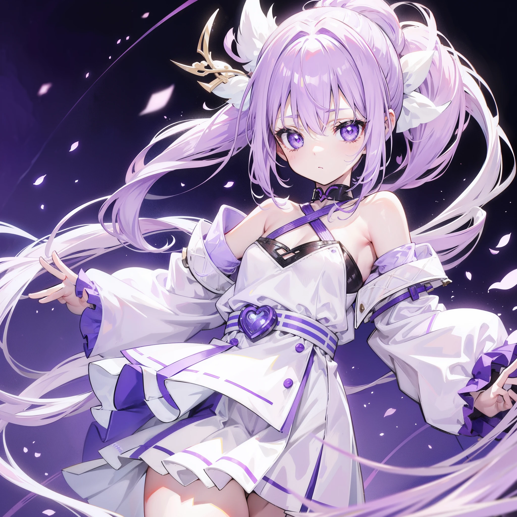 Lilac hair and ponytail，Milky white and bright light purple pupils and clothes，Petite figure，Very small, a sweet loli，It's a soft girl