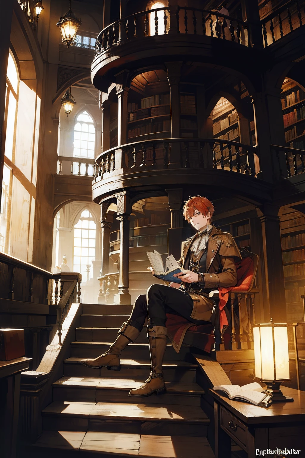 steampunc　male people　read a book　atlibrary　spiraling staircase　{{ember}}