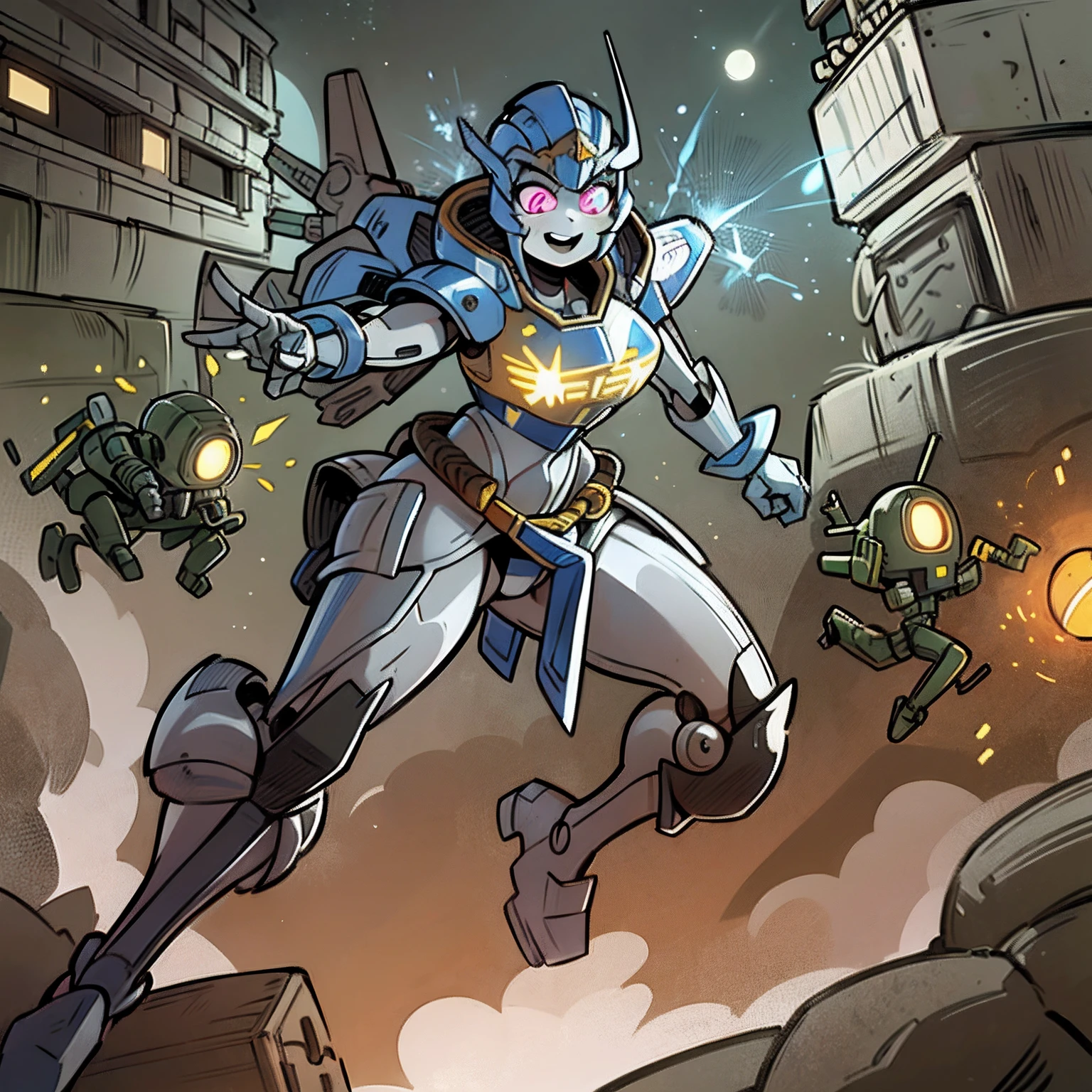 ((masterpiece)), best quality, fully robotic, gray skin, gray face, chibi mech, a cartoon anime style, toonish style (cute figure), (female, feminine figure, motherly, (boobs), butt, pretty, beautiful, sexy), The cute cartoonish robots had identical features - Helmet, gray face, big round eyes, shining eyes (color glow), shoulder pads, big breast plate, mecha box limbs, reimagine a female mecha space ranger soldier character with a strong and heroic appearance ready to show off their fighting skills, (futuristic armor suit:1.5), (positive expressions:2). Use the color scheme of metallic (girlish colors, girly colors) for her armor suit. sexy robots, flawless big boobs, seductive pose, captivating the audience's attention, Emphasize the dynamic pose and the presence of her being a boss in the galaxies and stars in the to enhance the sense of his ready for anything in a space adventure. ready to go mecha, LeinaV4 masterpiece, best quality, (extremely detailed CG unity 8k wallpaper, ultra-detailed, best shadow:1.1), (detailed background, beautiful detailed face, beautiful detailed hips, high contrast, best illumination, an extremely delicate and beautiful:1.1), night time, outdoors, starry sky, in the forest, moonlight, dappled moonlight, (1man, 1girl, mature lady, ugly man:1.2), full body, looking at viewer, (huge breasts:1.3), shiny skin, sweat, bikini armor, loincloth, buckle, cleavage, weapon, sword, armor, shield, gauntlet, glove, blue eyes, blonde hair, shiny skin, sweat, (worried, scared:1.1), looking at viewer, (dynamic angle, dynamic pose:1.3)