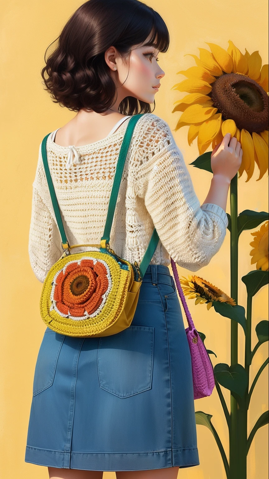 Hand-crocheted bags，Short-needle crochet method，There are sunflowers in the middle of the bag，Contrast color matching，Entrainment design，Wear it cross-body，BackgroundSolid background