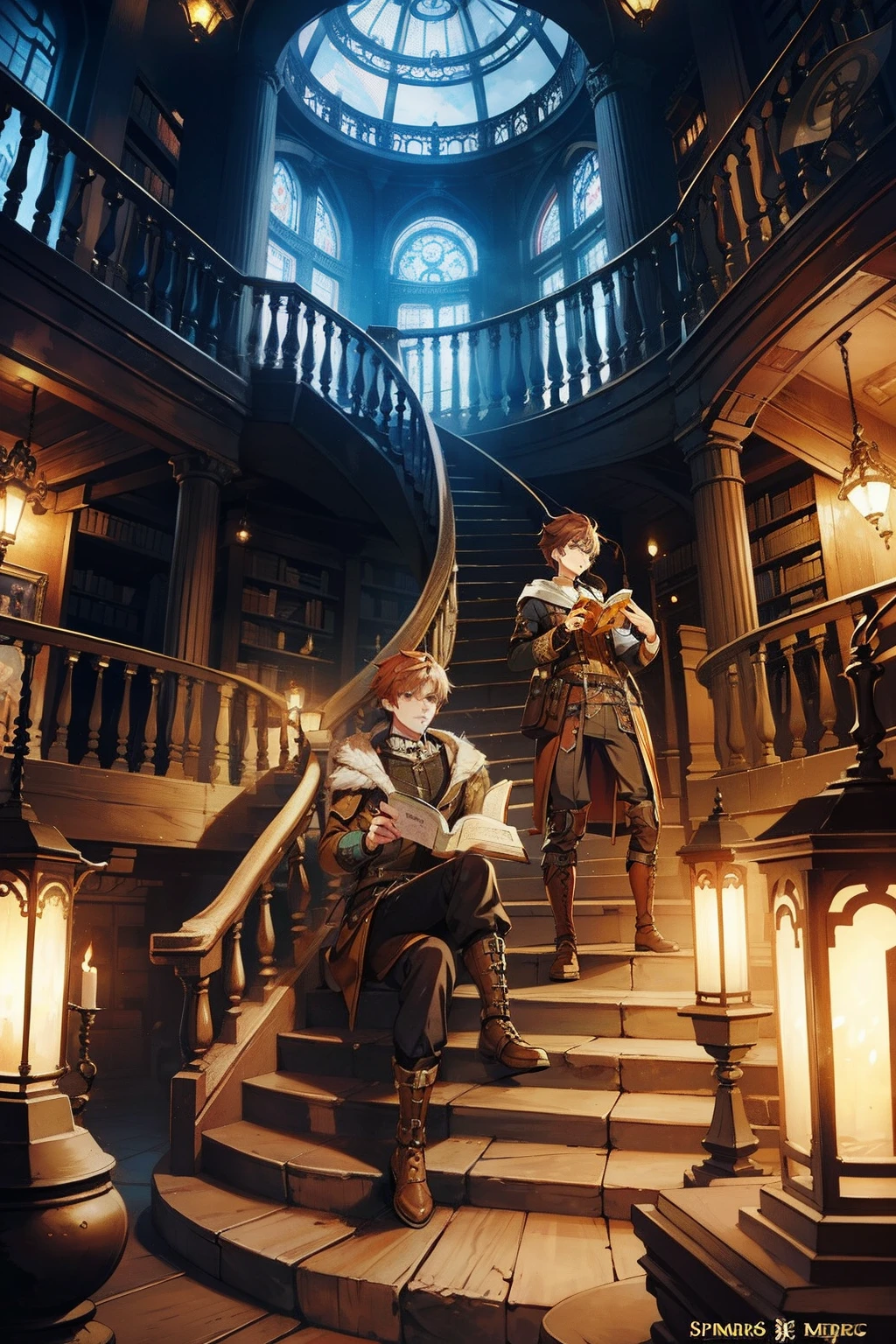 steampunc male people read a book atlibrary spiraling staircase {{ember}}
