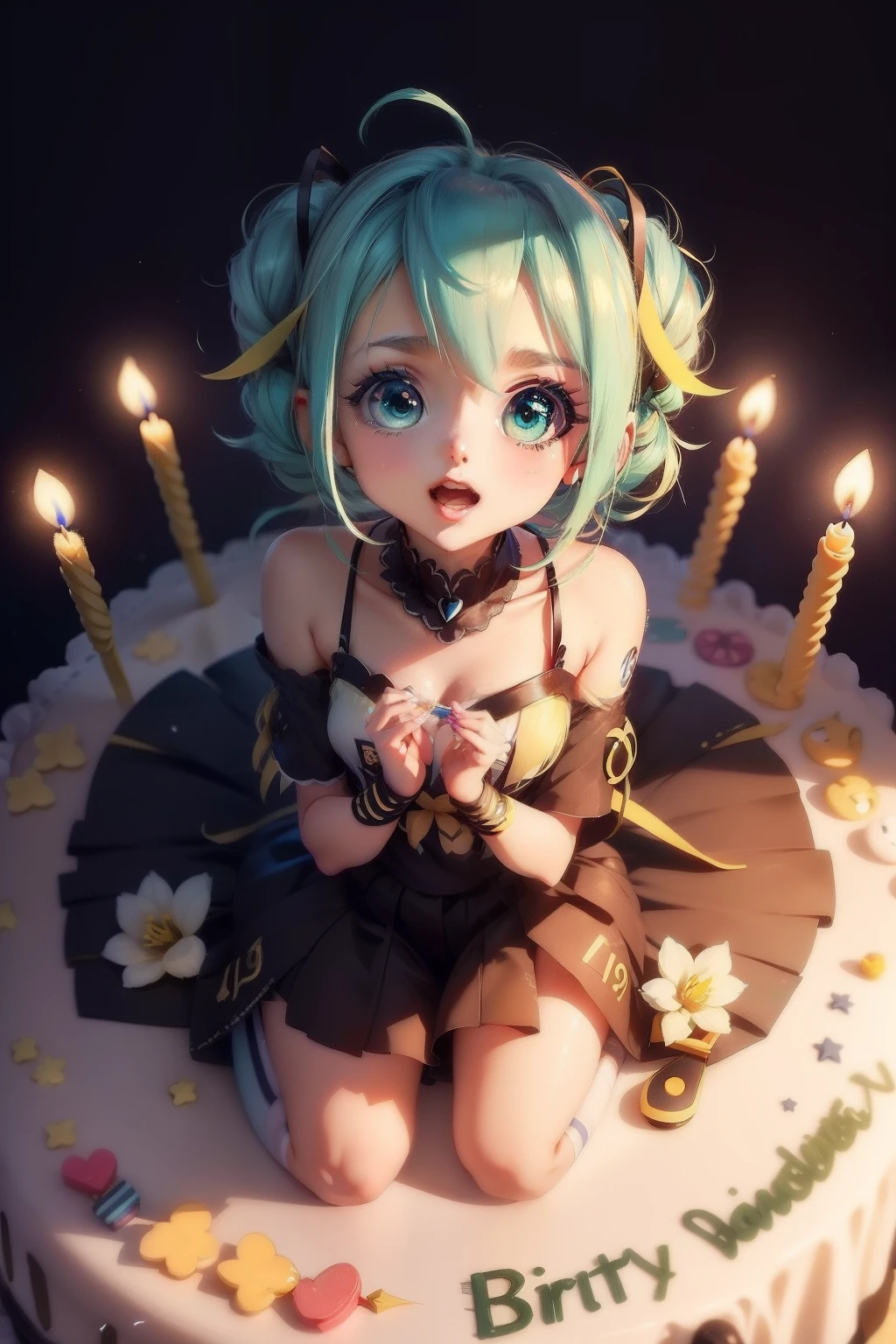 muitas garotas, (Hatusne Miku, Kagamine Rin, Megurine Luka, Akita Neru, megpoid Gumi), women's hands, Rapariga, [[[[Closeup]]]], [[[[peito]]]], [[[ombros]]]], [[[full head ]]], birthday party, anniverssary cake, birthday candle, , olhos perfeitos, Perfect iris, Perfect lips, dentes perfeitos, pele perfeita, luz frontal suave, brilho, HDR (cores suaves: 1.2), pupilas dilatadas, boca detalhada, sorrir, boca fechada, artistic work, melhor qualidade
