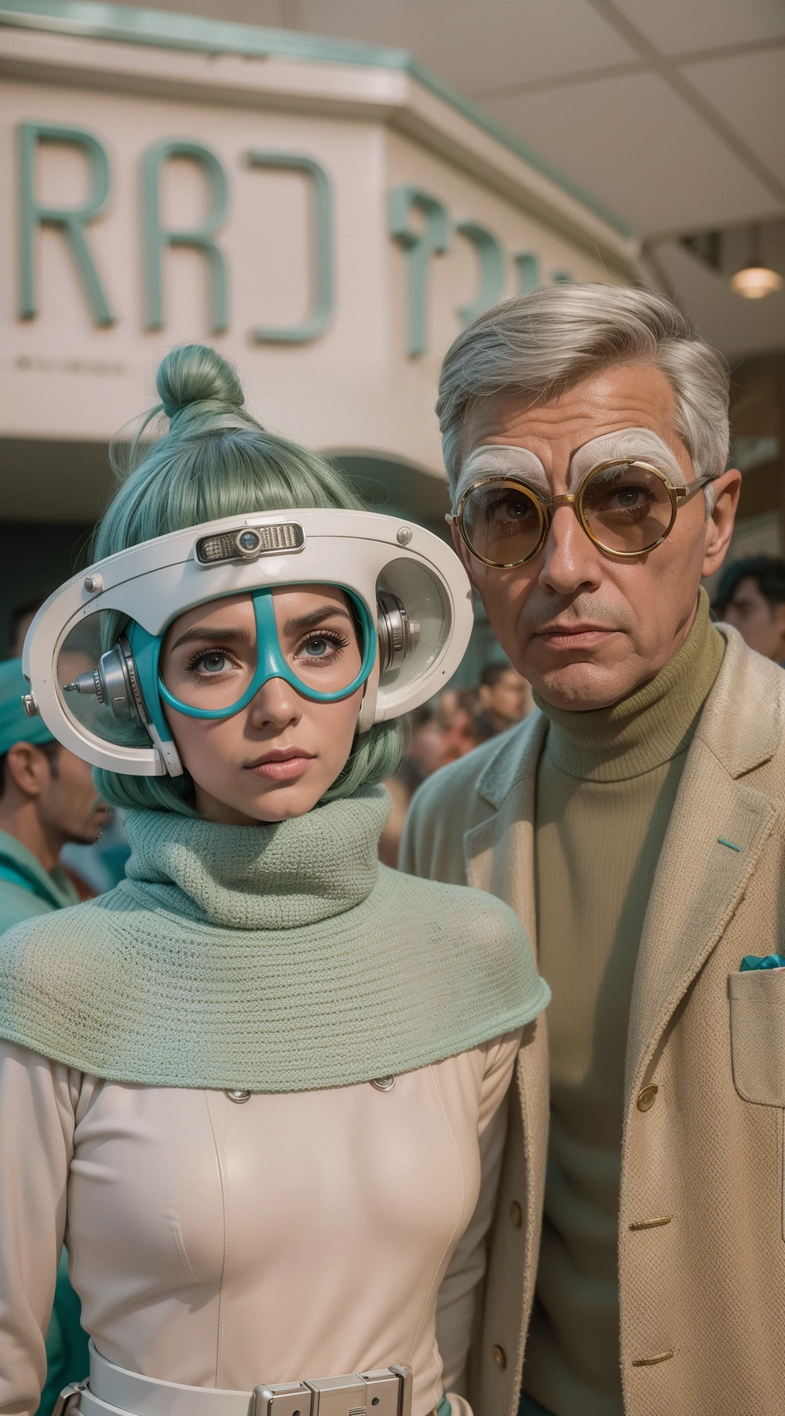 8k portrait of a 1960s science fiction film by Wes Anderson, em 1960, pastels colors, There are people wearing weird futuristic masks and wearing extravagant retro fashion outfits and men and women wearing alien makeup and old ornaments with mechanical pets in town, Luz Natural, Psicodelia, futurista estranho, fotorrealista, hiper detalhado, foco nítido, Intrinsic, Fuji filmes 55mm,