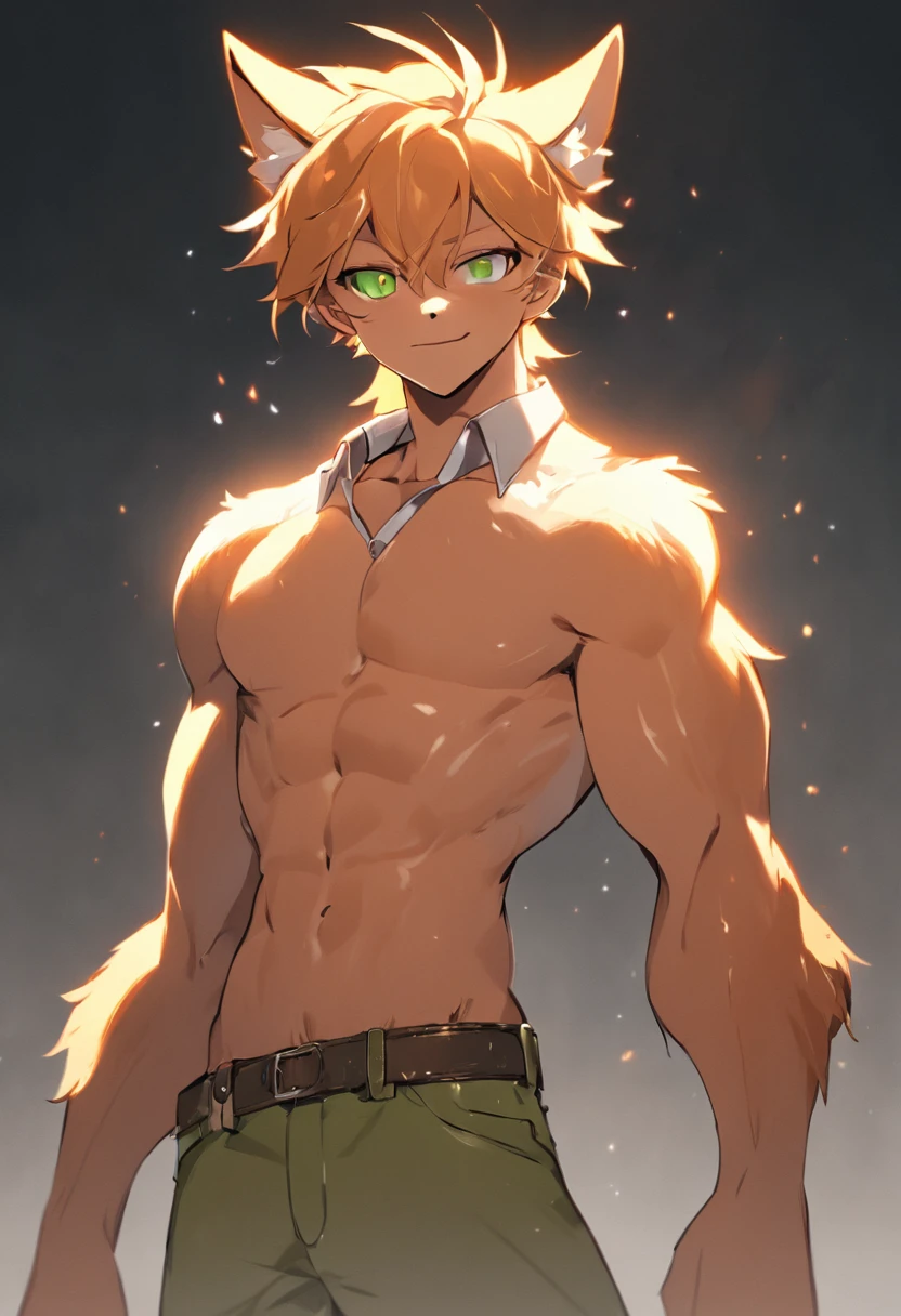 4K, high resolution, Best quality, Masterpiece, perfect colors, perfectly shaded, Perfect lighting, posted on e621, (by Chunie), Furry, anthro, Furry art, ((Portrait)), anthro male fox,, Two-tone leather，（Lunette de soleil），hairy bodies, Green eyes, Perfect male bodyPerfect male figure, Wear men's shorts,Abs，musculature,Detailed fur, Detailed face, Perfect face, (The stands up), Detailed background, ((Bonifasko lighting)), coda, (Detailed eyes), perfect pupils