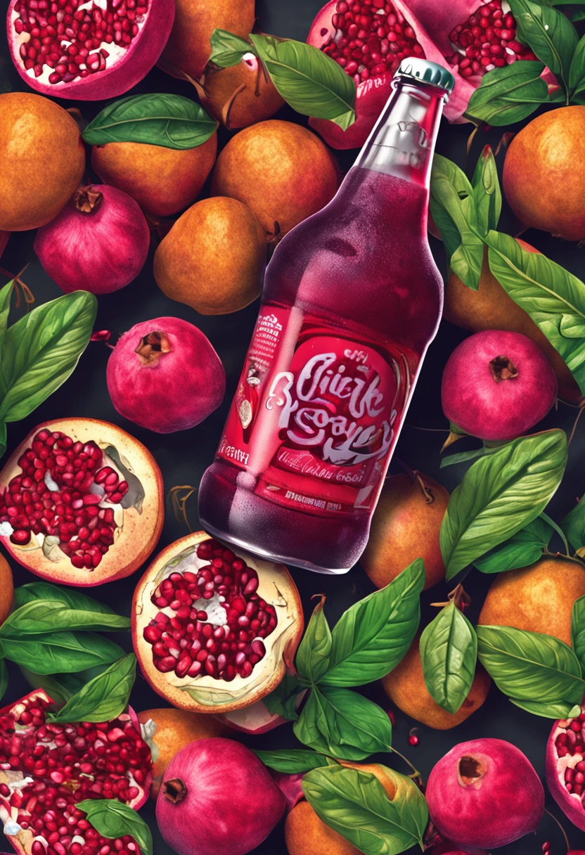 A fresh, juicy pomegranate with ice and leaves, placed next to an adorable Dr Pepper can. Use vibrant colors to create an alluring and delightful image.