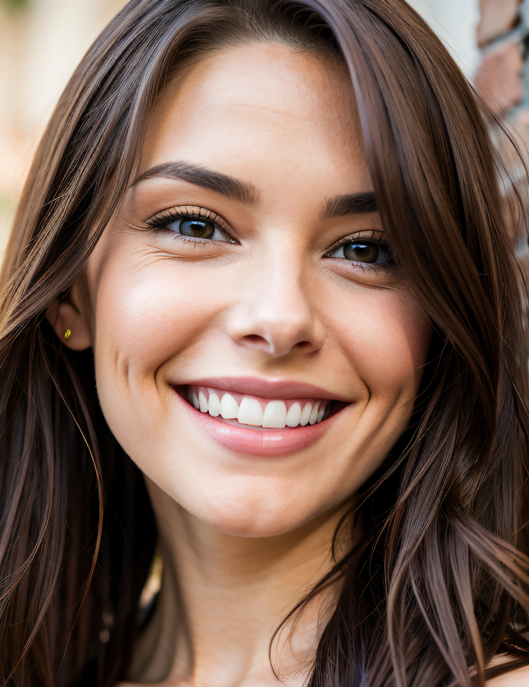 beautiful brunette smiling straight at the camera, perky natural boobs, hazel eyes, nose ring
