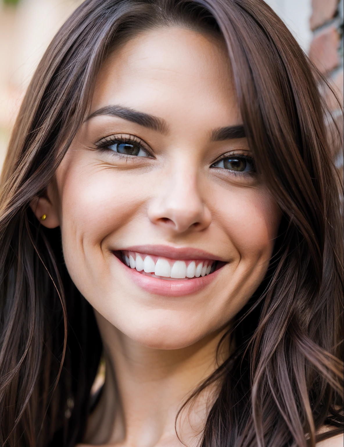 beautiful brunette smiling straight at the camera, perky natural boobs, hazel eyes, nose ring