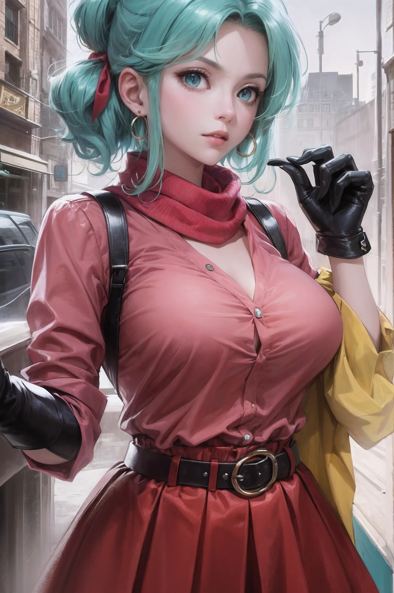 bulmadbzreddress aqua hair, short hair, blue eyes, earrings, red dress, yellow scarf dragon ball, blmpony, aqua hair, hair ribbon, braided ponytail, pink shirt, belt, scarf, pink skirt, clothes writing, brown gloves, large breasts, buruma_brief_older --auto --s2