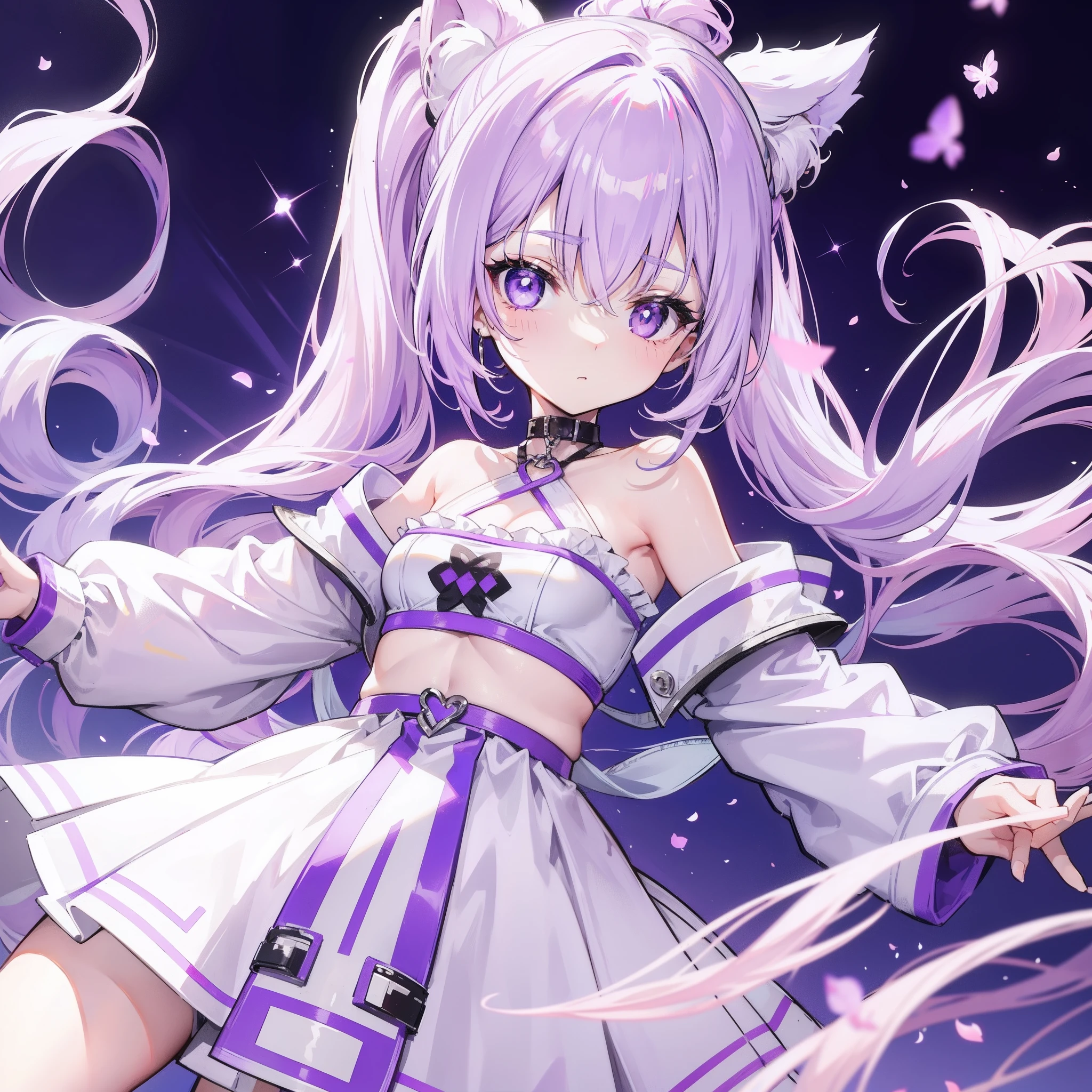 Lilac hair and ponytail，Milky white and bright light purple pupils and clothes，Petite figure，Very small, Sweet li，This is a furry girl