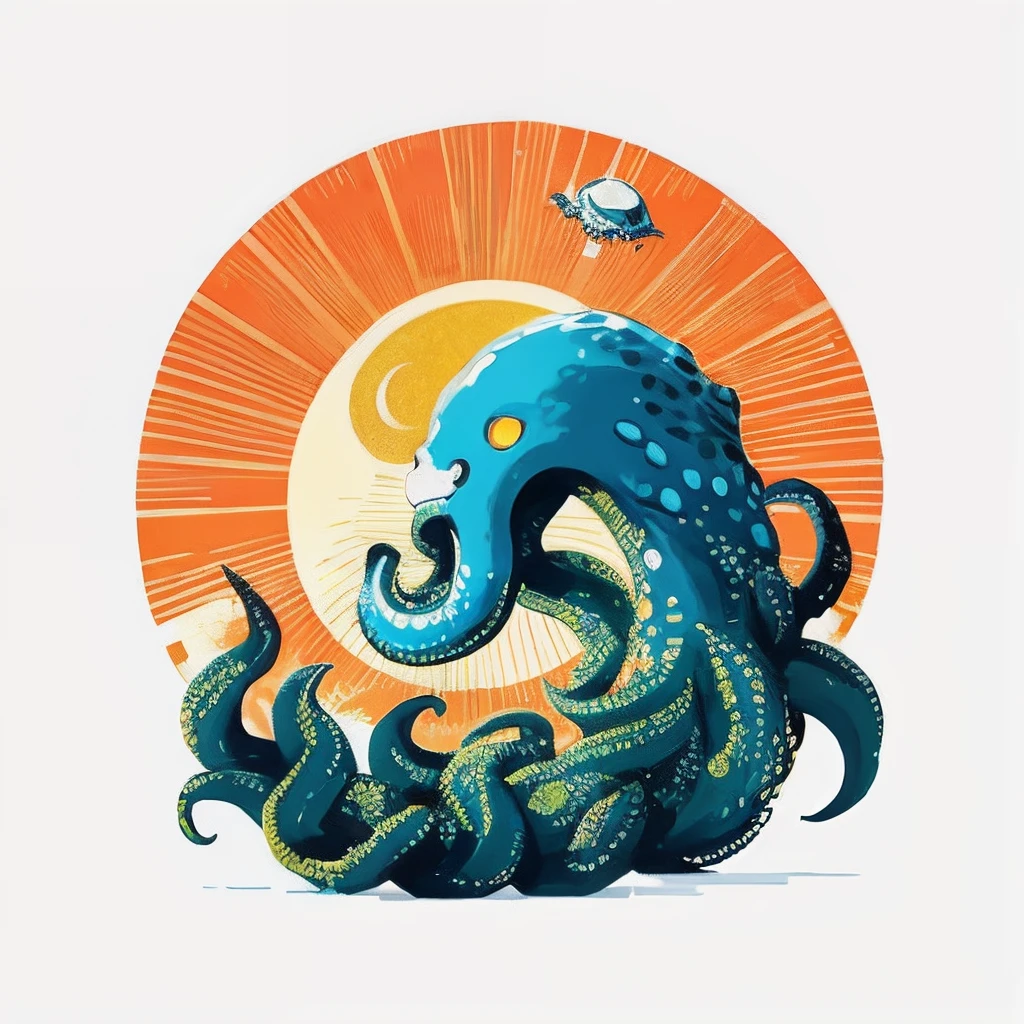 Vibrant Kraken print,The antennae curl around the bright yellow sun, Printed on a white background.