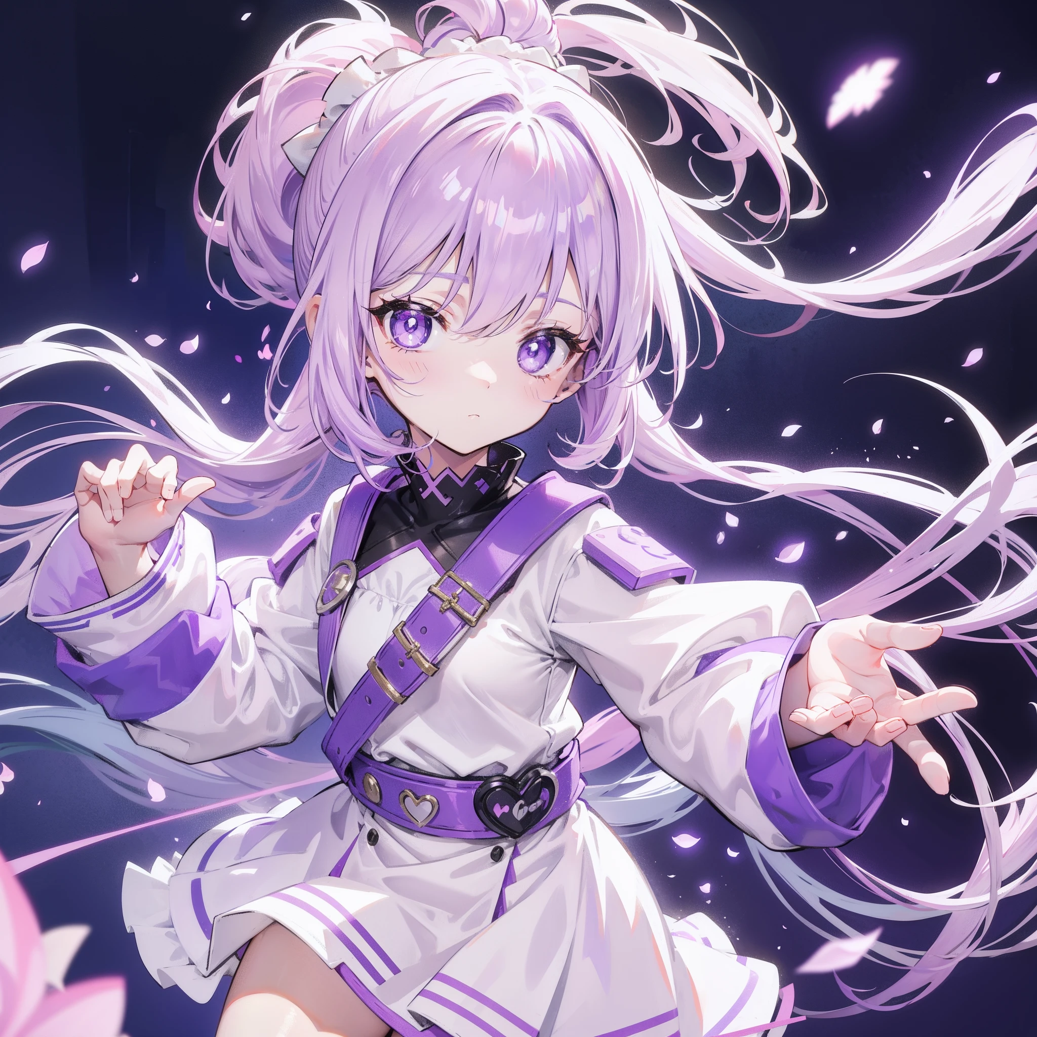 Lilac hair and ponytail,Milky white and bright light purple pupils and clothes,Petite figure,Very small, Sweet li,It's a fluffy girl