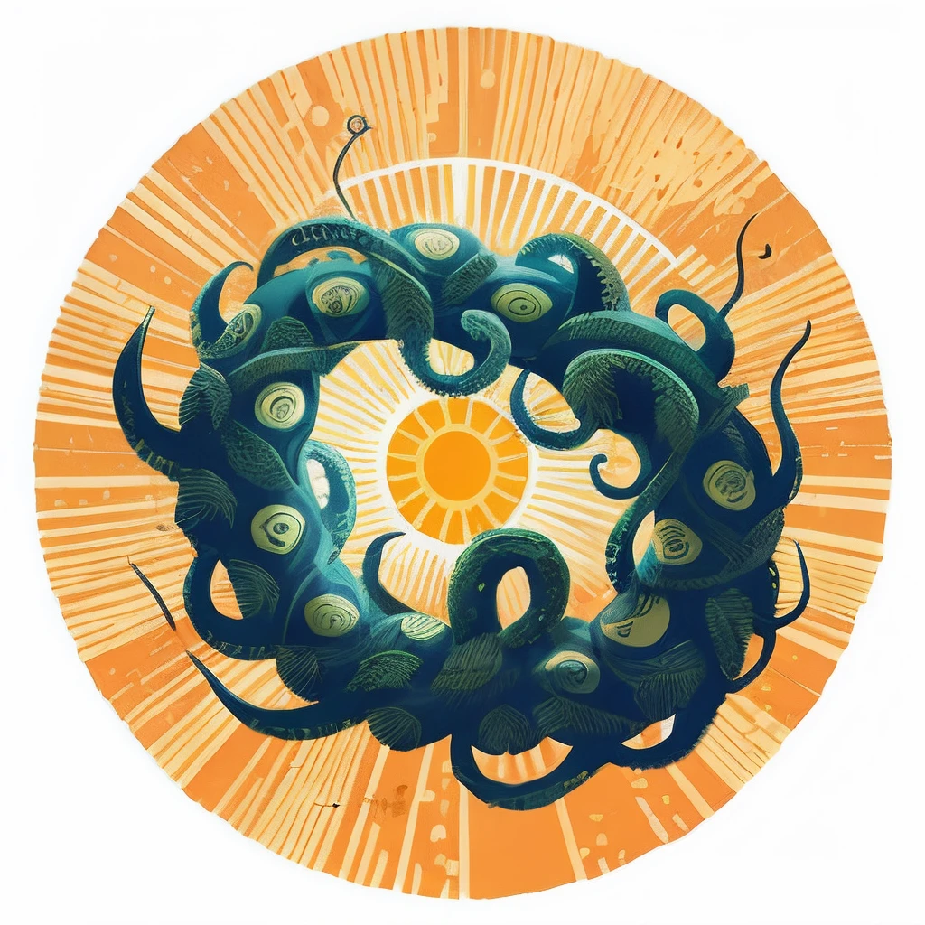 Vibrant Kraken print，The antennae curl around the bright yellow sun, Printed on a white background.