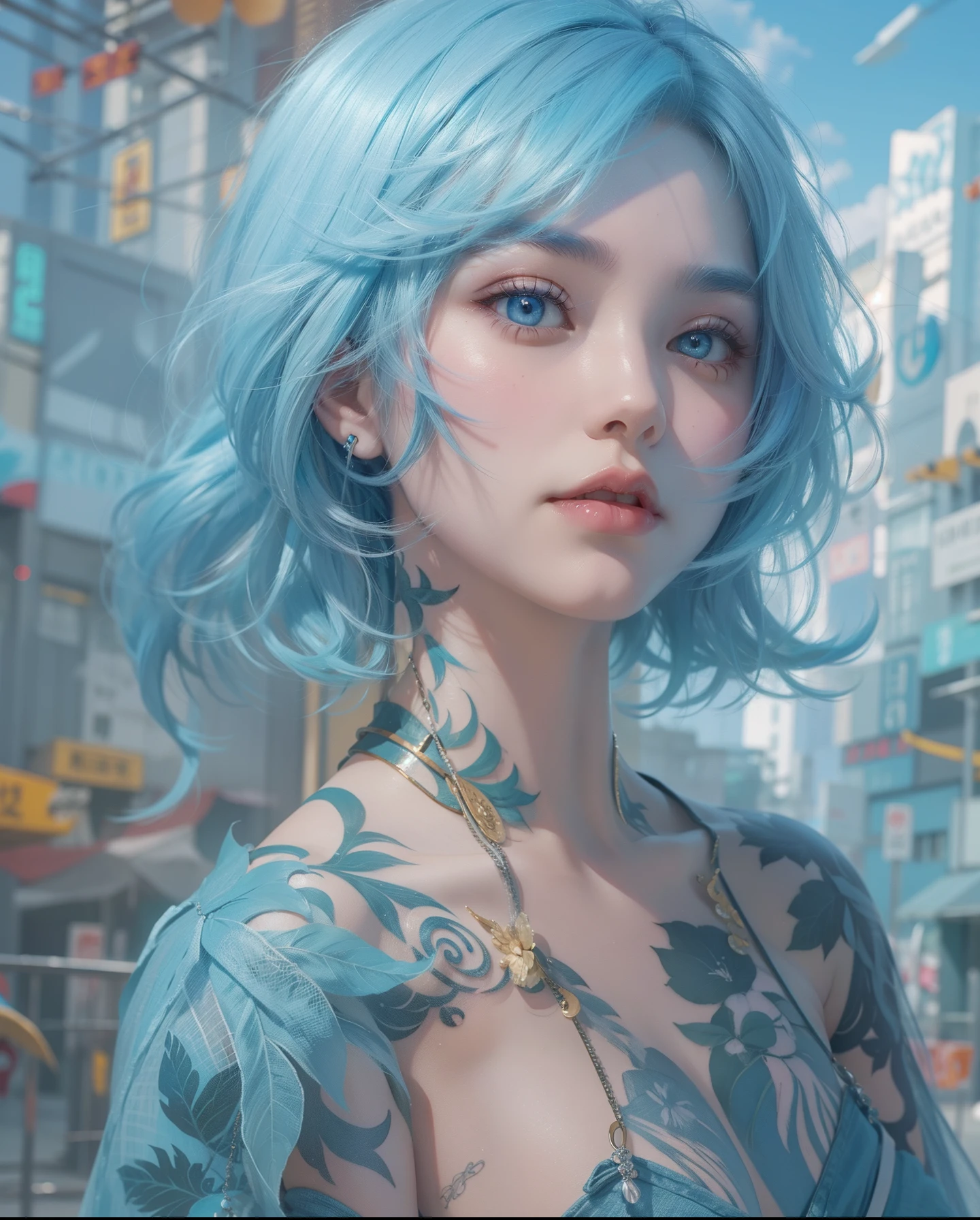 Ultra-high definition 2D art, close-up (1 woman), light blue hair, 2D animation style, soft and delicate depiction, attention also on her full-body tattoos (full-body art), landscape mode, masterpieces by Guweiz and James Jean, tattoo expert designs by CGSCOSITY, etc. A beautiful blue-haired girl who became a hot topic at the trend art station of Japan.