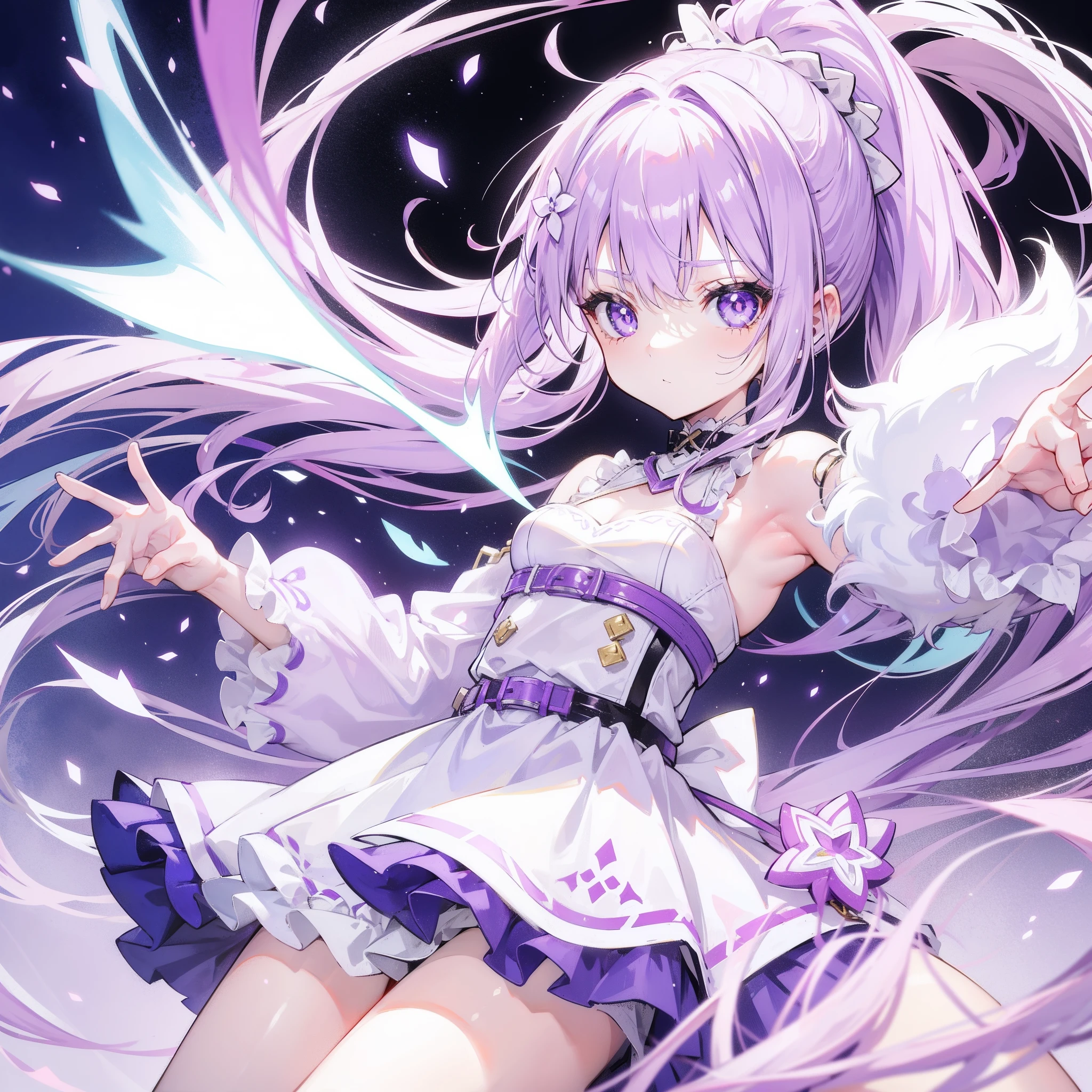 Lilac hair and ponytail，Milky white and bright light purple pupils and clothes，Petite figure，Very small, Sweet li，It's a fluffy girl