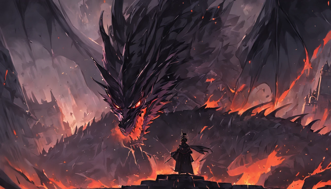 The kingdom is shrouded in darkness,The young prince on the castle tower stood in front of the black dragon,Facing the malicious gaze of the black dragon。The exterior of the castle shows a dark and heavy atmosphere。