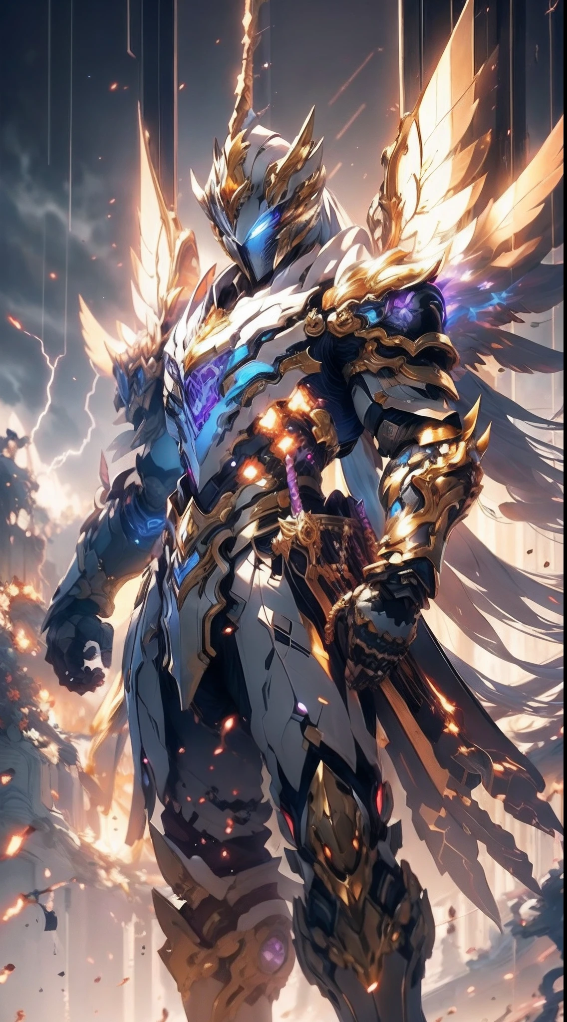 masterpiece, male, highly detailed CG unified 8K wallpapers, 8k uhd, dslr, high quality, clean, best illumination, a god in a purple armor, glowing eyes, cinematic, lightning wing, ultra-high resolution, ultra-high detailed, high-definition, shadowverse style