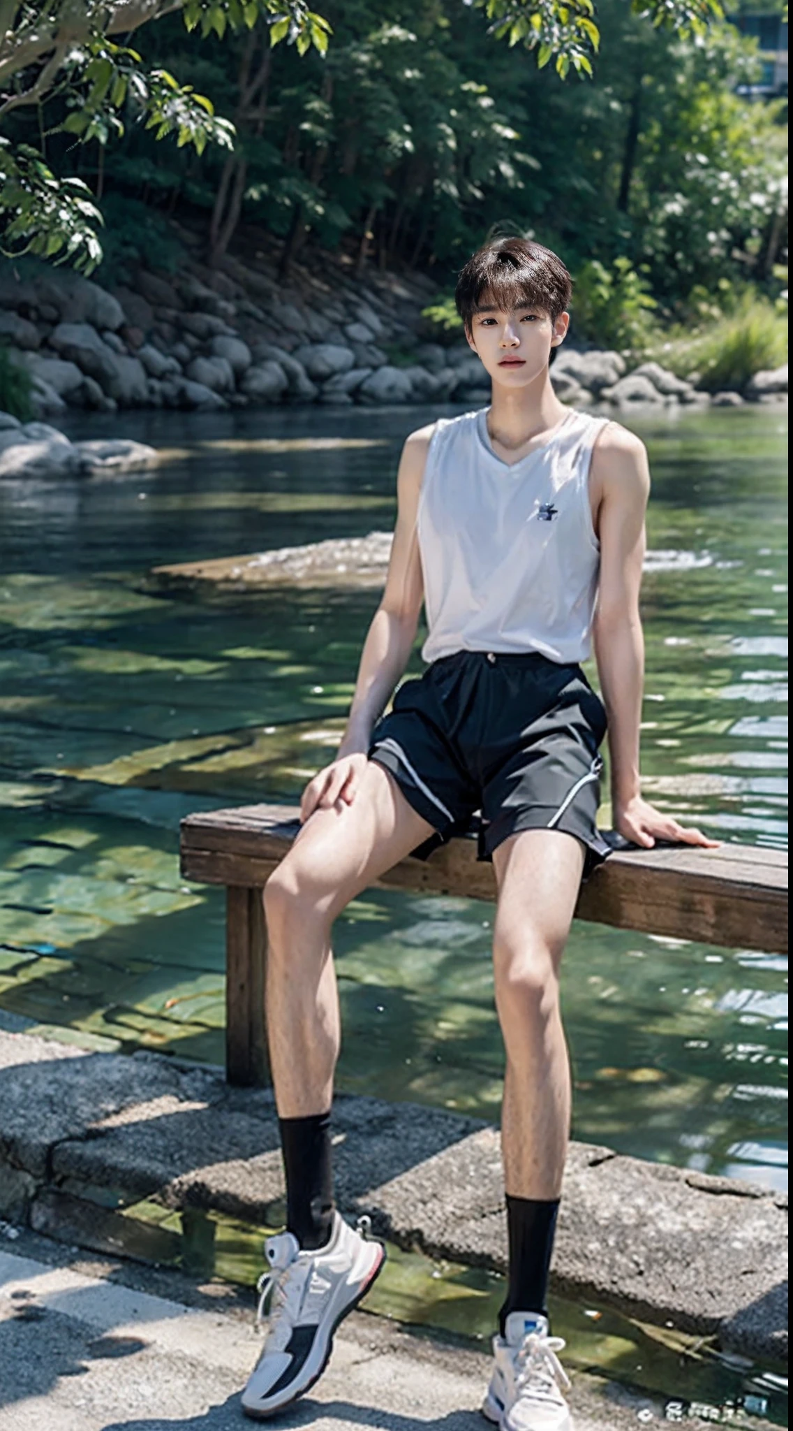 clothes: Wearing a white t-shirt, skinny, white volleyball shorts,bigger Phallus. shoes: wearing black shoes. situation: Handsome korea young man 17 years old as Is lying down in the river with clothes soaked in river water . (Full body shot) (action focus)