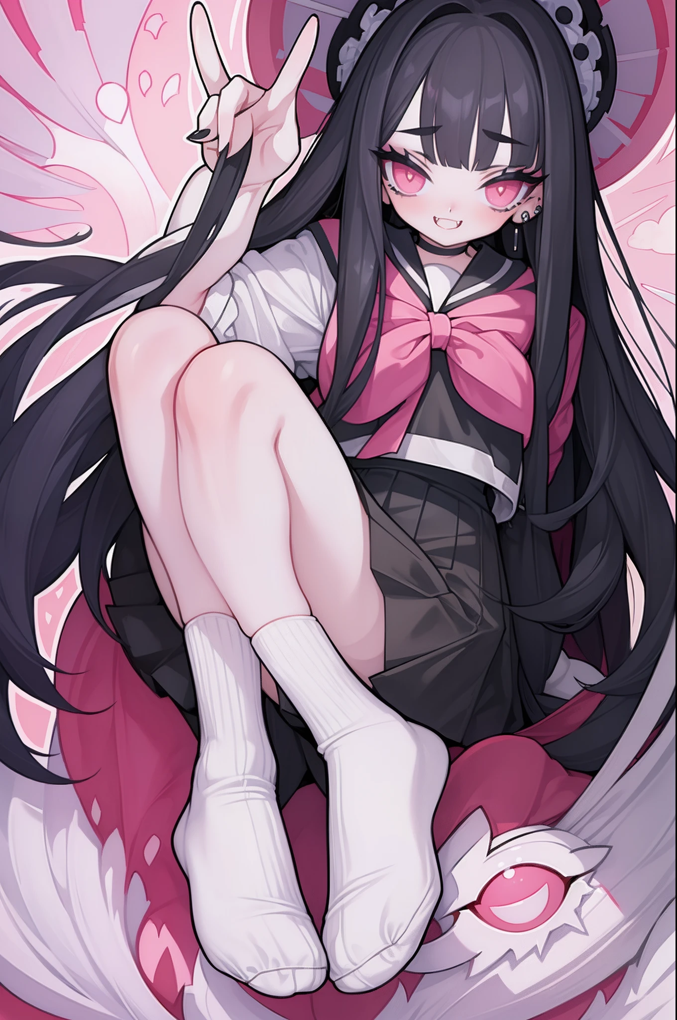 masterpiece, high quality, ultra detailed, 1 gal, black hair streaked white, long curly hair, blunt bangs, hime cut, grin mouth, slanted pink eyes, Detailed eye drawing, tongue, fangs, sailor uniform, short skirt, Spiteful smile, lots of piercings, peace sign, long slouchy socks, white theme, full body,  (perfect five fingers 1.1),