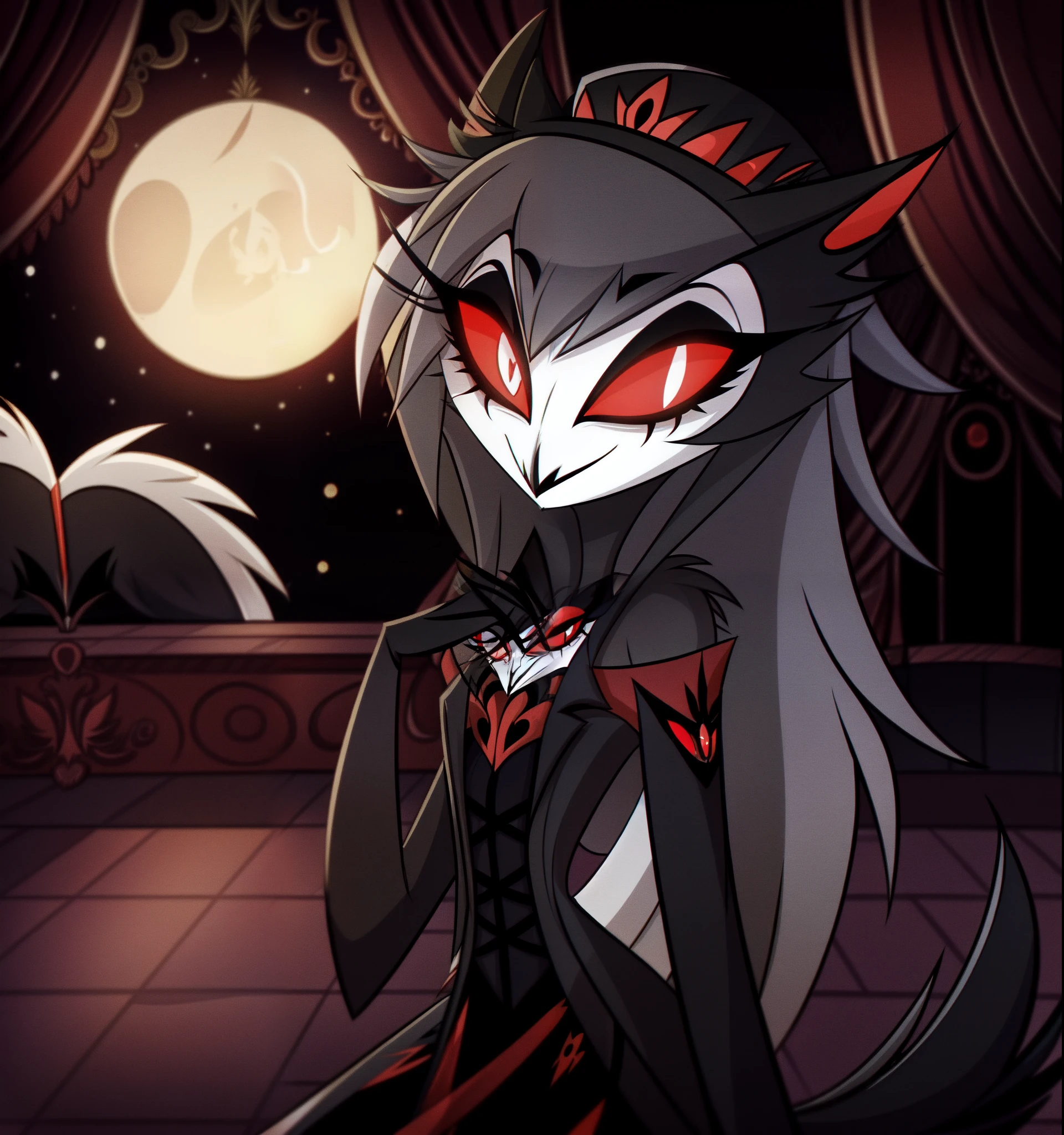 (Vivziepop style), anthro, octavia \(helluva boss\), owl demon, grey body, red sclera, white eyes, white face, tail feathers, octaviagoetia, female, hellhound, helluva boss, official art, solo, (by vivzmind), safe content,