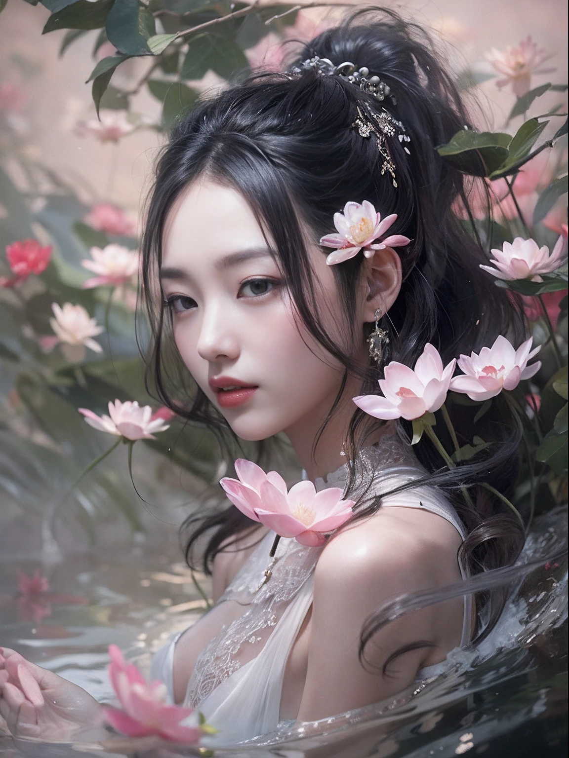 32K（tmasterpiece，k hd，hyper HD，32K）Classical Chinese beauty，Long flowing black hair，standing in a pond，Exposed in white tulle，crisp breasts ， （Abstract gouache splash：1.2）， Pink petal background，Pink and white lotus flowers fly（realisticlying：1.4），Black color hair，Fallen leaves flutter，The background is pure， A high resolution， the detail， RAW photogr