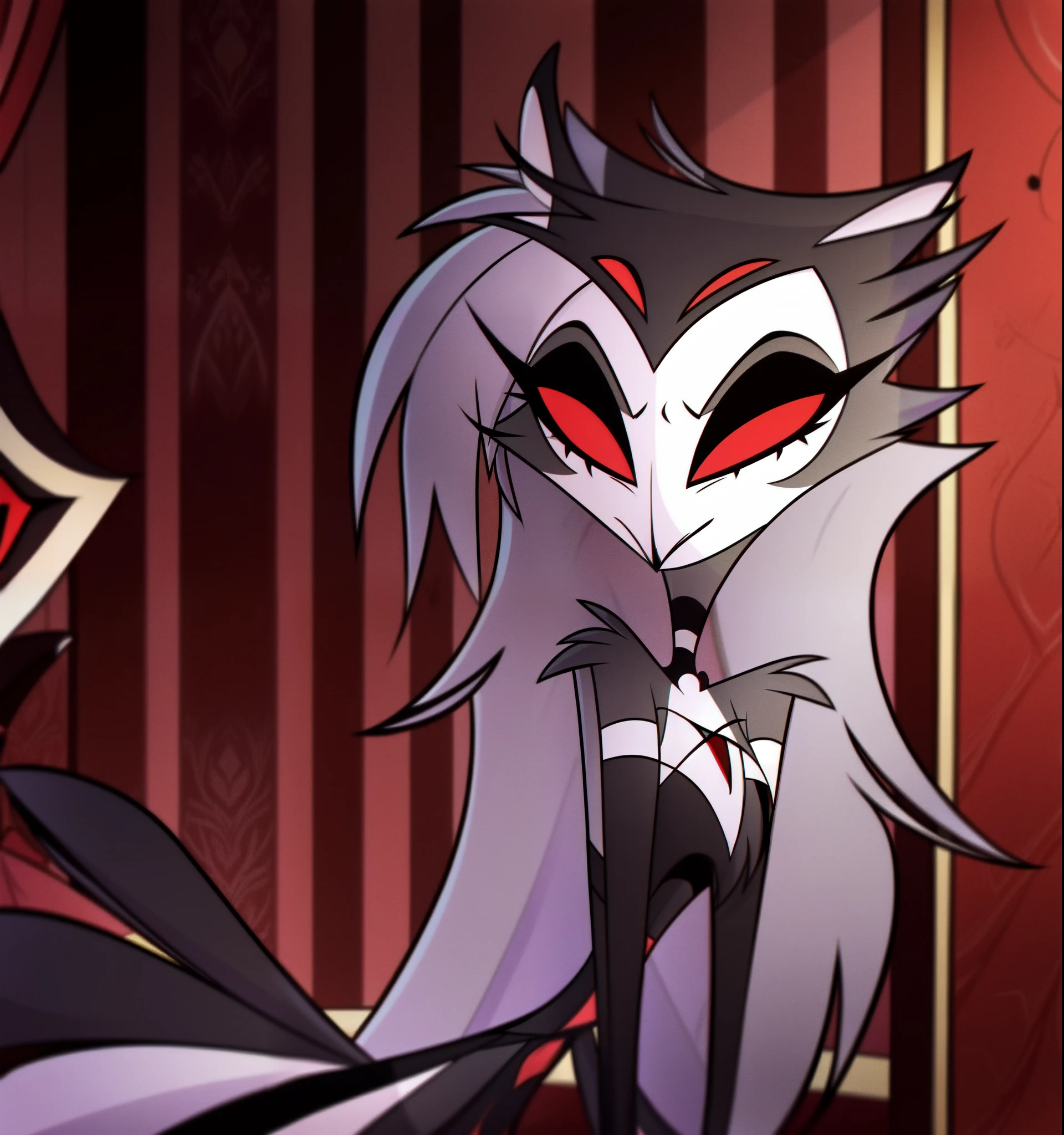 (Vivziepop style), anthro, octavia \(helluva boss\), owl demon, grey body, red sclera, white eyes, white face, tail feathers, octaviagoetia, female, hellhound, helluva boss, official art, solo, (by vivzmind), safe content,