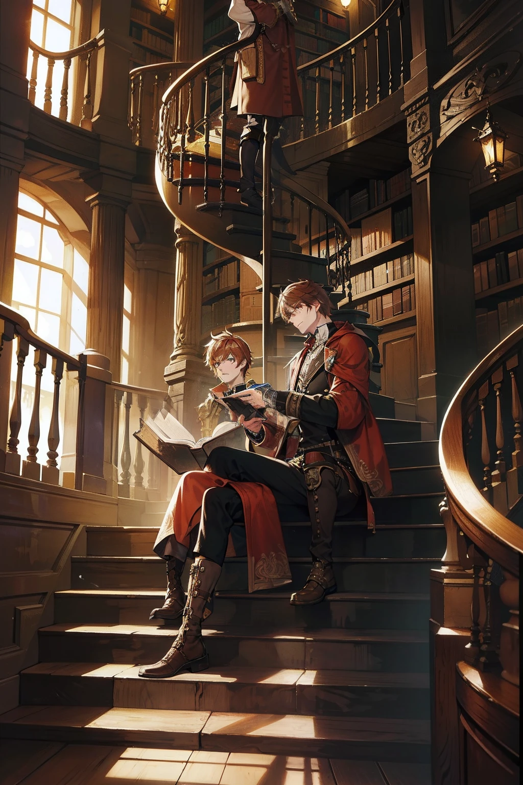 steampunc　male people　read a book　atlibrary　spiraling staircase　{{ember}}