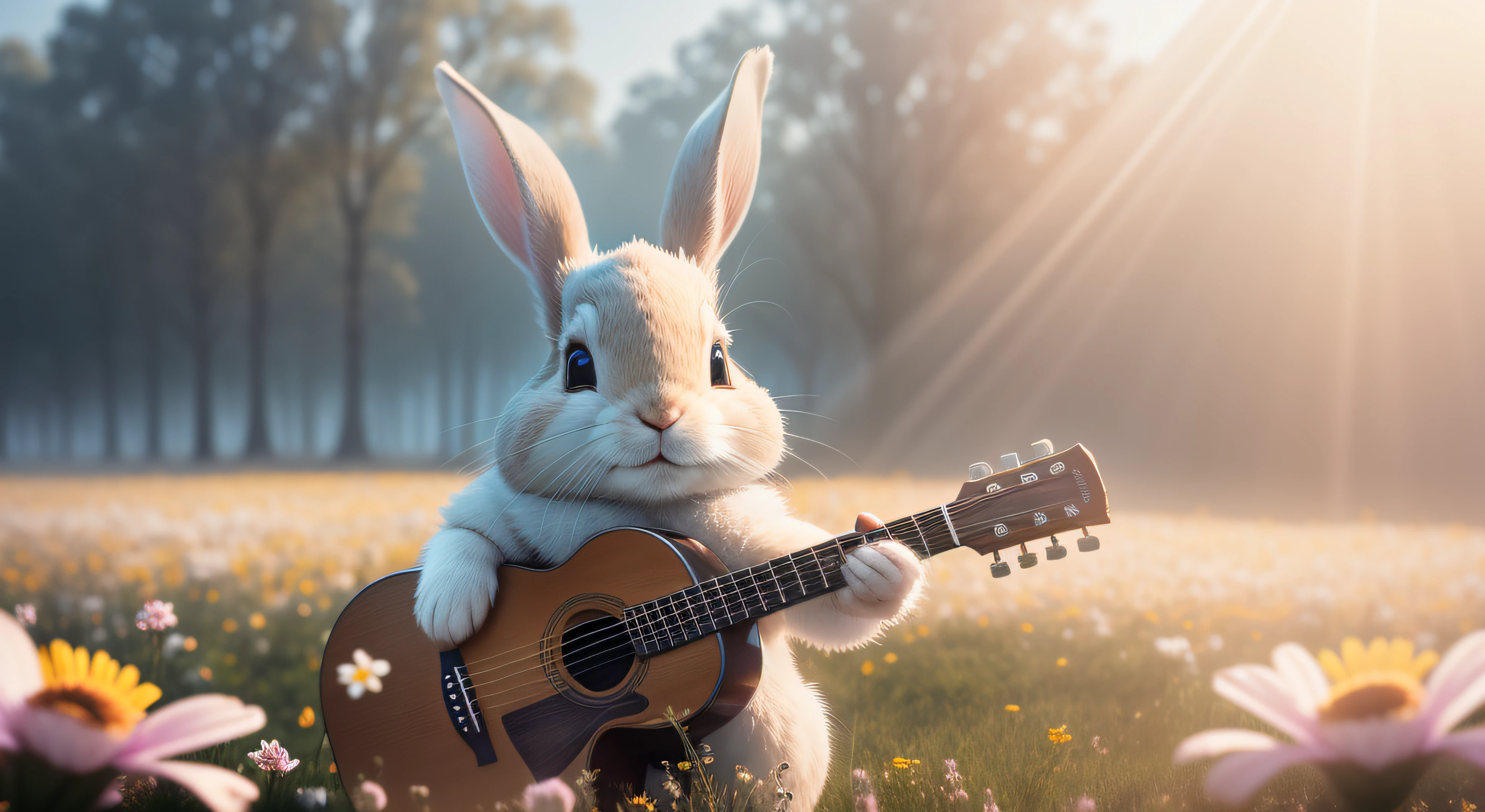 Close-up photo of rabbit playing an instrument，ssmile，grin，having fun，macro，clean backdrop，depth of fields，largeaperture，photography of，volume fog，Halo，blooms，Dramatic atmosphere，Sunny morning