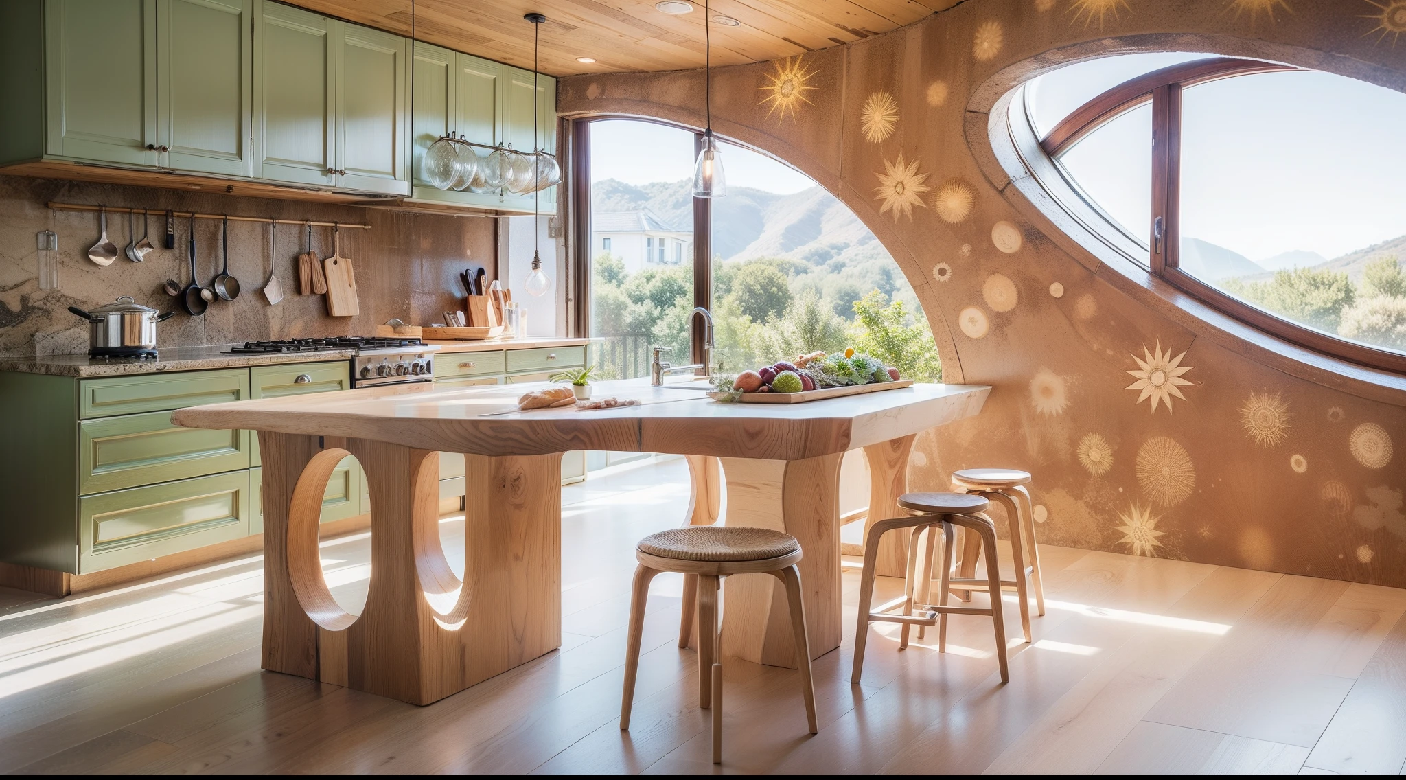 A mysterious house in the middle of a fresh green meadow、The kitchen of the mysterious house combines warmth and functionality with the magic of the universe。The kitchen counter is、It is covered with beautiful stones that reflect the colors of the universe.、It has a fine shine。The counter is carved with a stardust-like pattern, and the touch is smooth and pleasant.。
Above the kitchen is a transparent domed ceiling.、It reflects the space scenery outside。Soft light leaks from the ceiling、Gives a warm glow to the whole kitchen。There is a wooden shelf next to the kitchen.、Special condiments and ingredients taken from the space grasslands are beautifully arranged。Cookware and tableware、It is made with a unique design using space materials.、Functionality meets beauty。At the heart of the kitchen、There is a cooking space made of large stones.、Cooks々Provides creative inspiration to。highly detailed surroundings, photorrealistic concept art, hyper-realistic environment