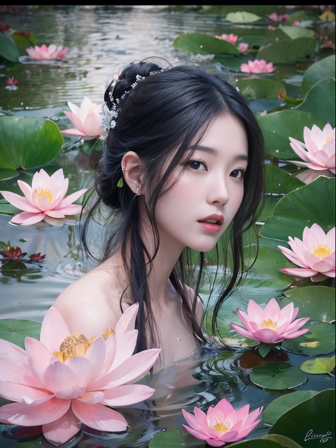 32K（tmasterpiece，k hd，hyper HD，32K）Classical Chinese beauty，Long flowing black hair，standing in a pond，Exposed in white tulle，crisp breasts ， （Abstract gouache splash：1.2）， Pink petal background，Pink and white lotus flowers fly（realisticlying：1.4），Black color hair，Fallen leaves flutter，The background is pure， A high resolution， the detail， RAW photogr