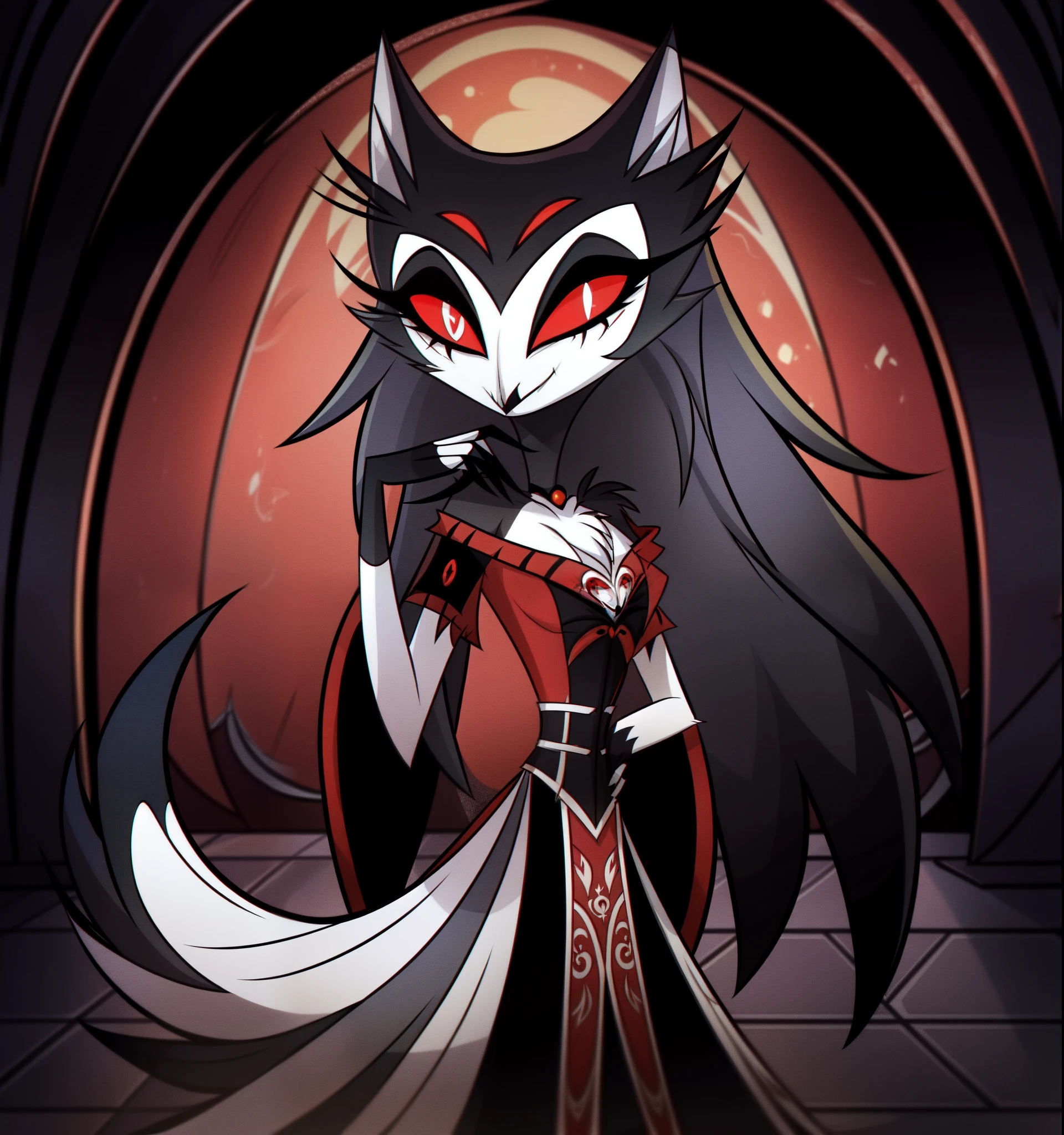 (Vivziepop style), anthro, octavia \(helluva boss\), owl demon, grey body, red sclera, white eyes, white face, tail feathers, octaviagoetia, female, hellhound, helluva boss, official art, solo, (by vivzmind), safe content,