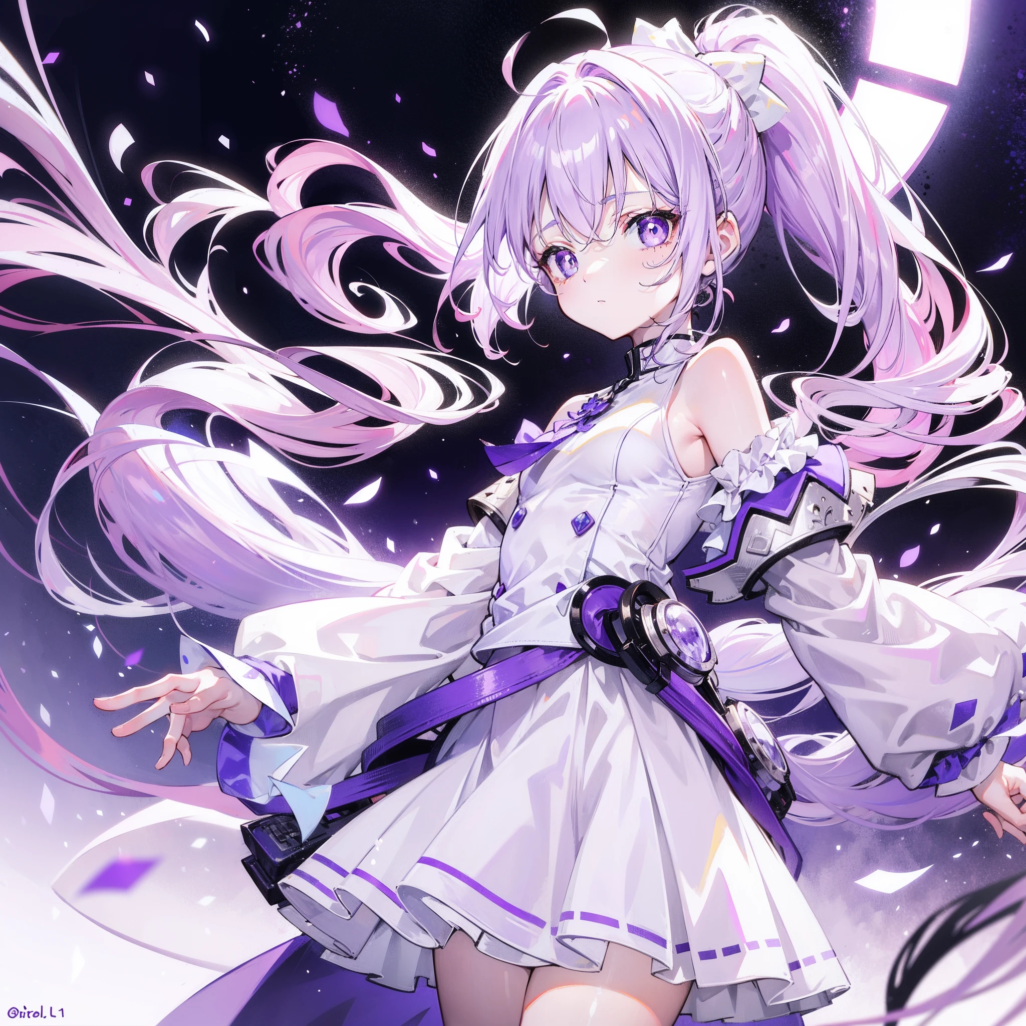 Lilac hair and ponytail，Milky white and bright light purple pupils and clothes，Petite figure，Very small, a sweet loli，It's a soft girl