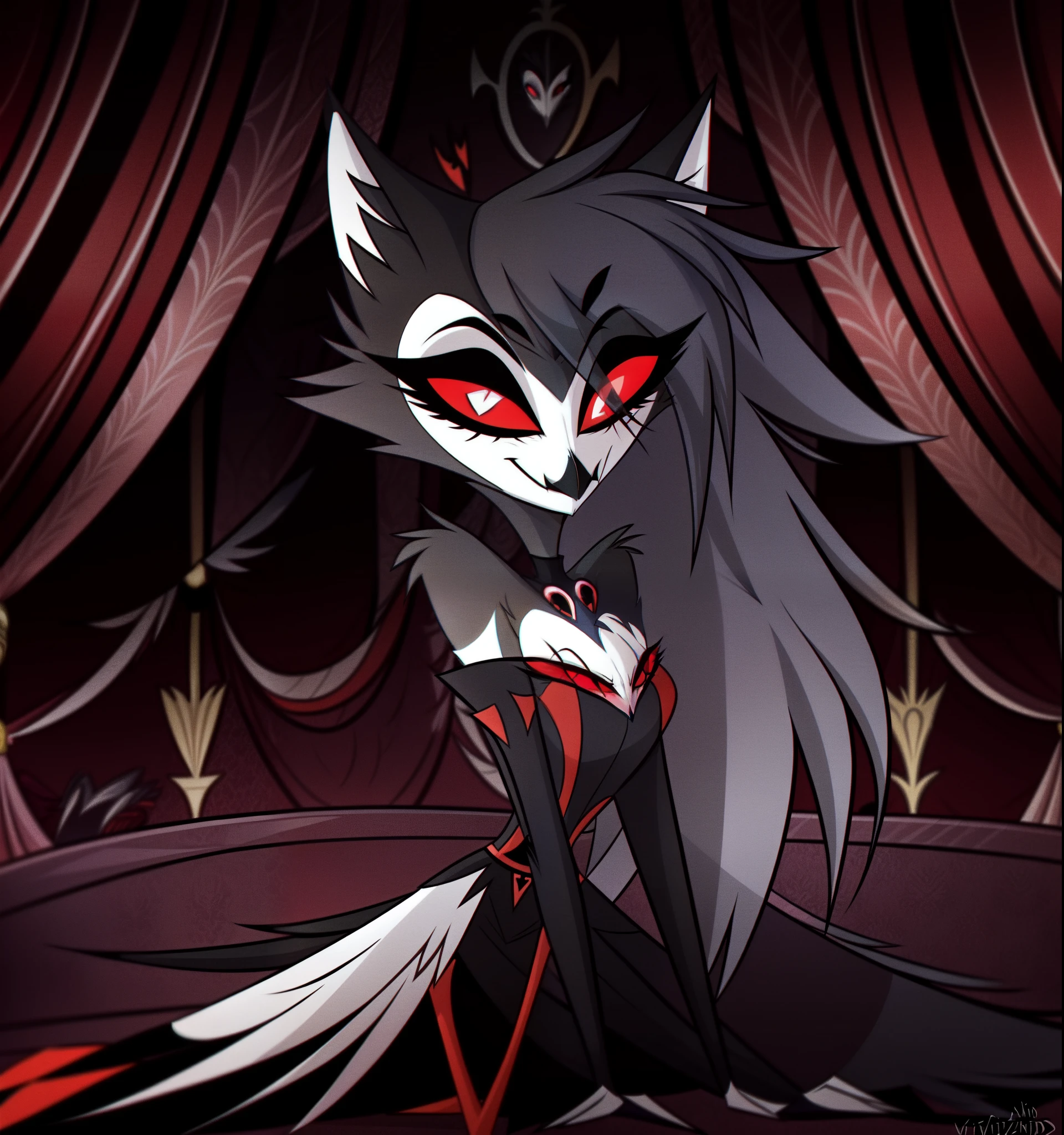 (Vivziepop style), anthro, octavia \(helluva boss\), owl demon, grey body, red sclera, white eyes, white face, tail feathers, octaviagoetia, female, hellhound, helluva boss, official art, solo, (by vivzmind), safe content,