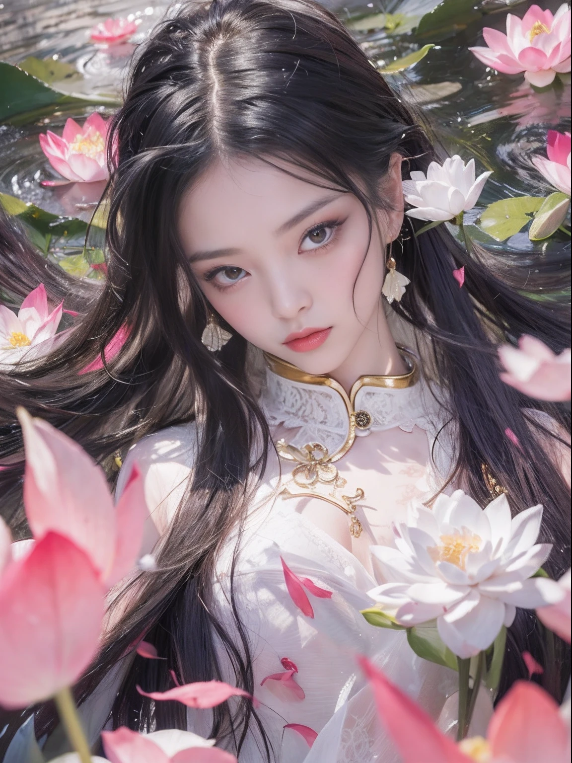 32K(tmasterpiece,k hd,hyper HD,32K)Classical Chinese beauty,Long flowing black hair,standing in a pond,Exposed in white tulle,crisp breasts , (Abstract gouache splash:1.2), Pink petal background,Pink and white lotus flowers fly(realisticlying:1.4),Black color hair,Fallen leaves flutter,The background is pure, A high resolution, the detail, RAW photogr
