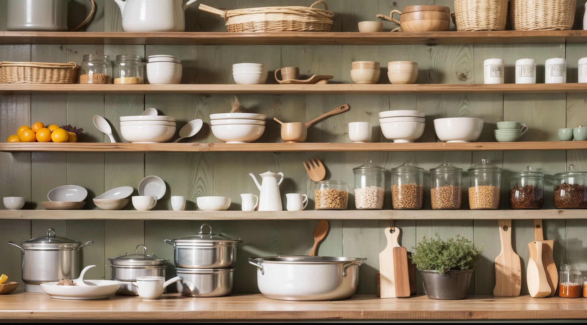 A mysterious house in the middle of a fresh green meadow、Kitchen in a mysterious house、There is a wooden shelf next to the kitchen.、Special condiments and ingredients taken from the space grasslands are beautifully arranged。Cookware and tableware、It is made with a unique design using space materials.、Functionality meets beauty。At the heart of the kitchen、There is a cooking space made of large stones.、Cooks々Provides creative inspiration to。highly detailed surroundings, photorrealistic concept art, hyper-realistic environment