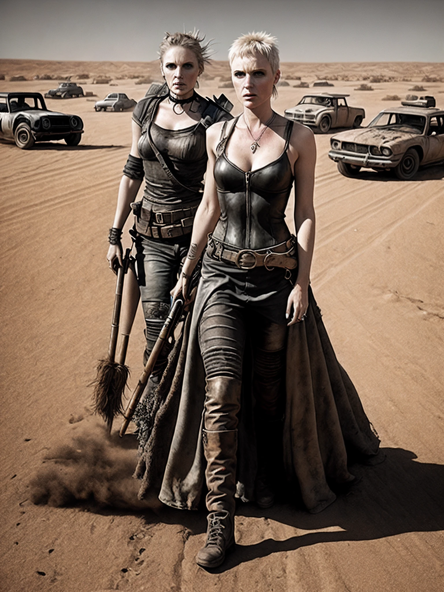 Mad Max femme, photo realist, After the apocalyptus