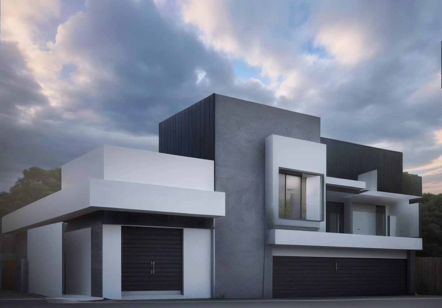 Rendering of a modern house with garage, porta de e peitoris de vidro, 3D rendering, Fachada minimalista, architectural render, conceito hiperrealista, super detalhado, renderizar no vray, acabamentos em tinta branca, tijolos aparentes e concreto