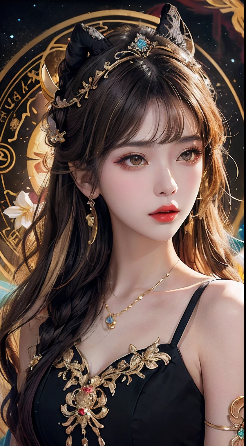 1 27-year-old girl, 1 zodiac goddess from the future, goddess of the pink and purple 12 zodiacs, the goddess of the zodiac in a yellow ao dai, a 12 zodiac ao dai with many black lace detail, mythology Goddess of the 12 zodiacs from the future, zodiac ♏, luxurious glittering zodiac style, dark and mysterious version, zodiac crown, lipstick lips red, thin and beautiful lips, Smile makes viewers fall in love, characters made by karol bak and pino daeni, intricate detail, detailed background, extremely detailed, light magic, a woman, clear face, look at the face of goddess zodialook at the zodiac goddess face, hair long with bangs, beautiful face in detail and well-proportioned eyes, (transparent yellow eyes: 1.8), big round eyes and very beautiful and detailed makeup, foresight, silk dress, mysterious makeup, double bangs and dyed light blonde, uper body, zodiac goddess uper body, arms hanging loosely, Realistic and vivid photo, (stars make up the zodiac: 1.7), (sky background zodiac and fictitious space and time portal: 1.8), fiction art, RAW photo, hanfu picture, best photo, best photo quality, 8k quality, 8k ultra, super realistic, real photo most economical, artistic portrait of goddess zodiac,